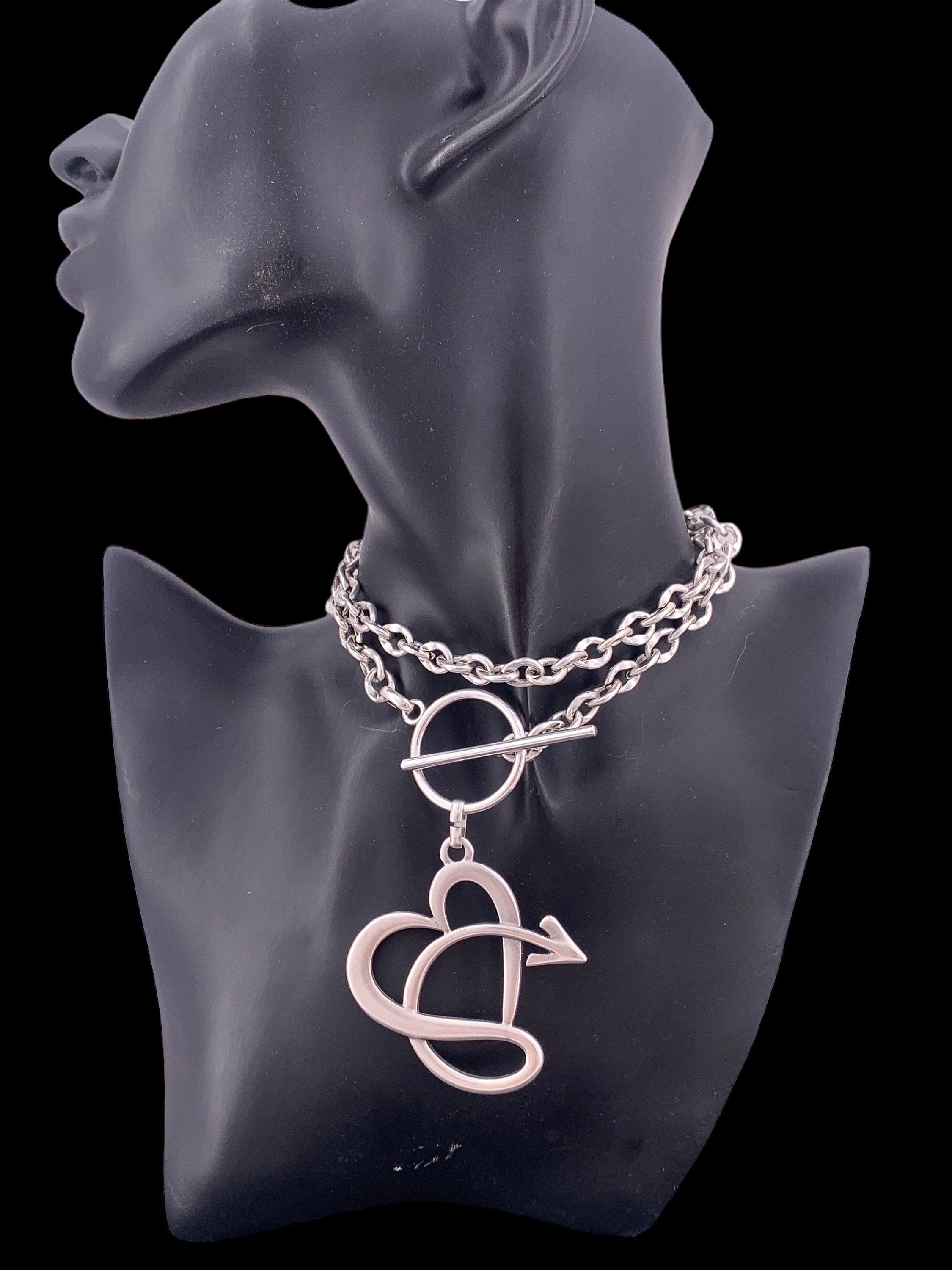 Layering chunky chain necklace with toggle clasp and spectacular big hear pendant, silver bold chain necklace, gift for her,