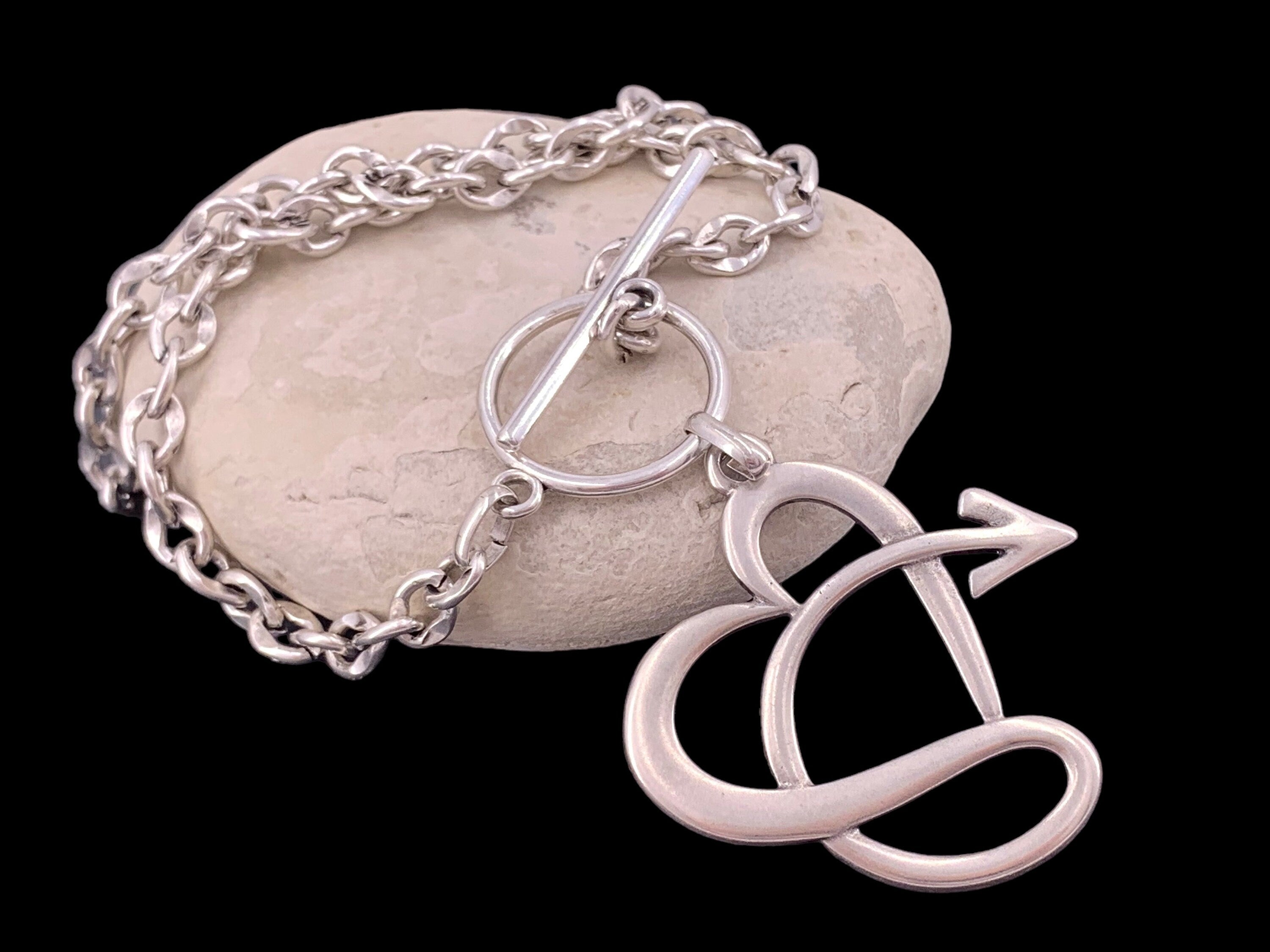 Layering chunky chain necklace with toggle clasp and spectacular big hear pendant, silver bold chain necklace, gift for her,