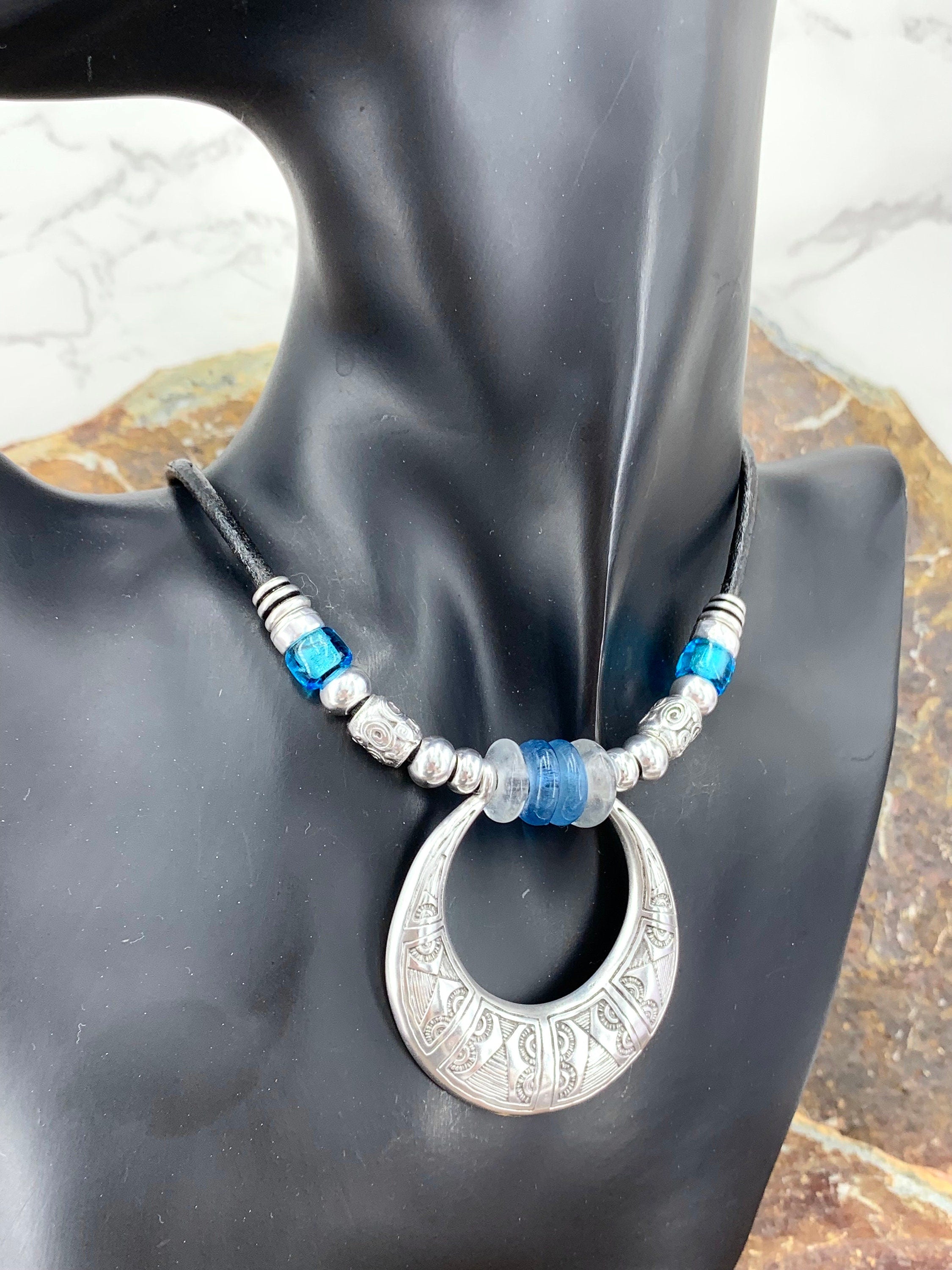 Boho Ethnic Leather Necklace with Chunky African Tribal Pendant – Recycled Glass Beads & Adjustable Length, handmade organic choker,