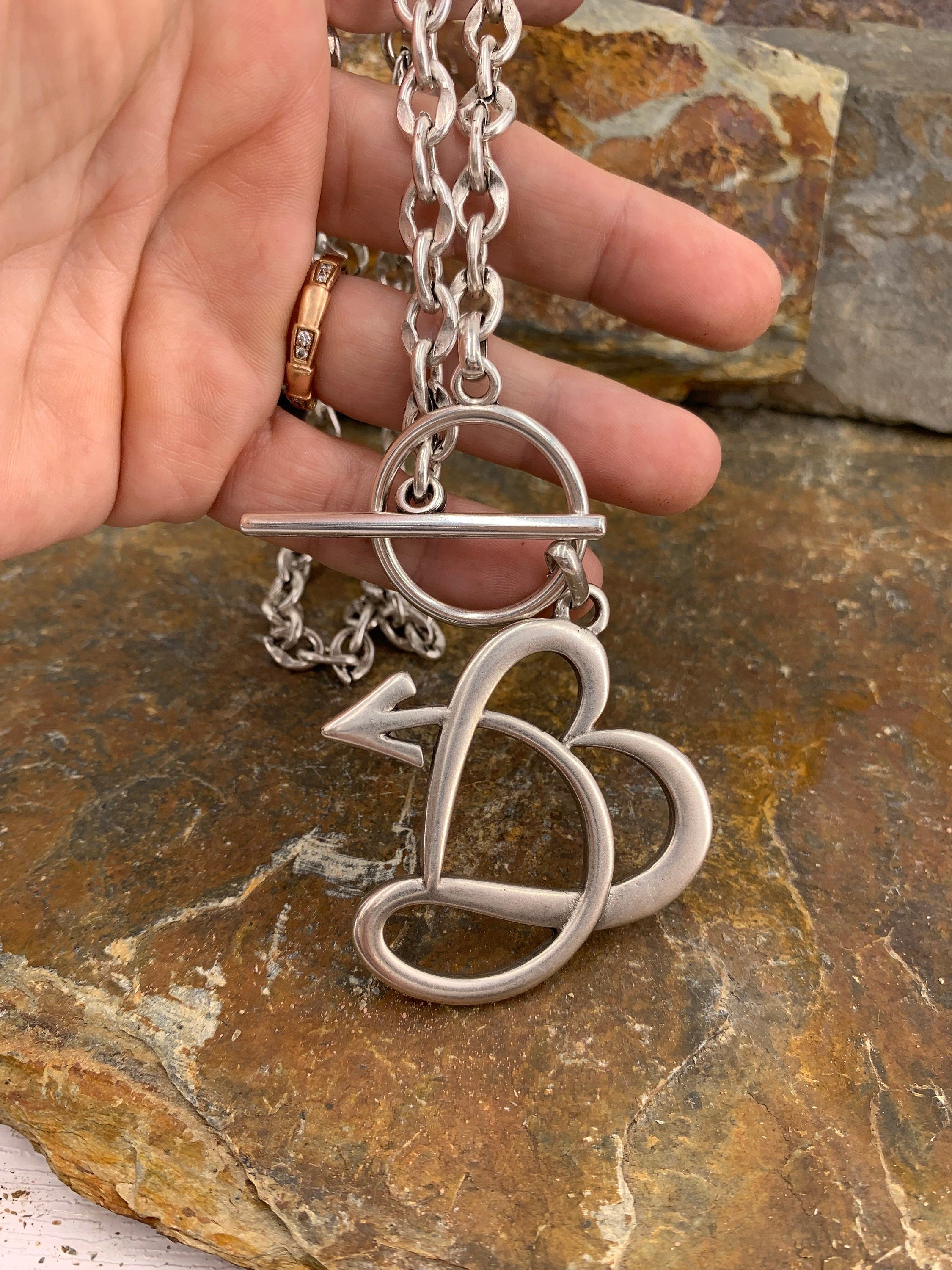 Layering chunky chain necklace with toggle clasp and spectacular big hear pendant, silver bold chain necklace, gift for her,