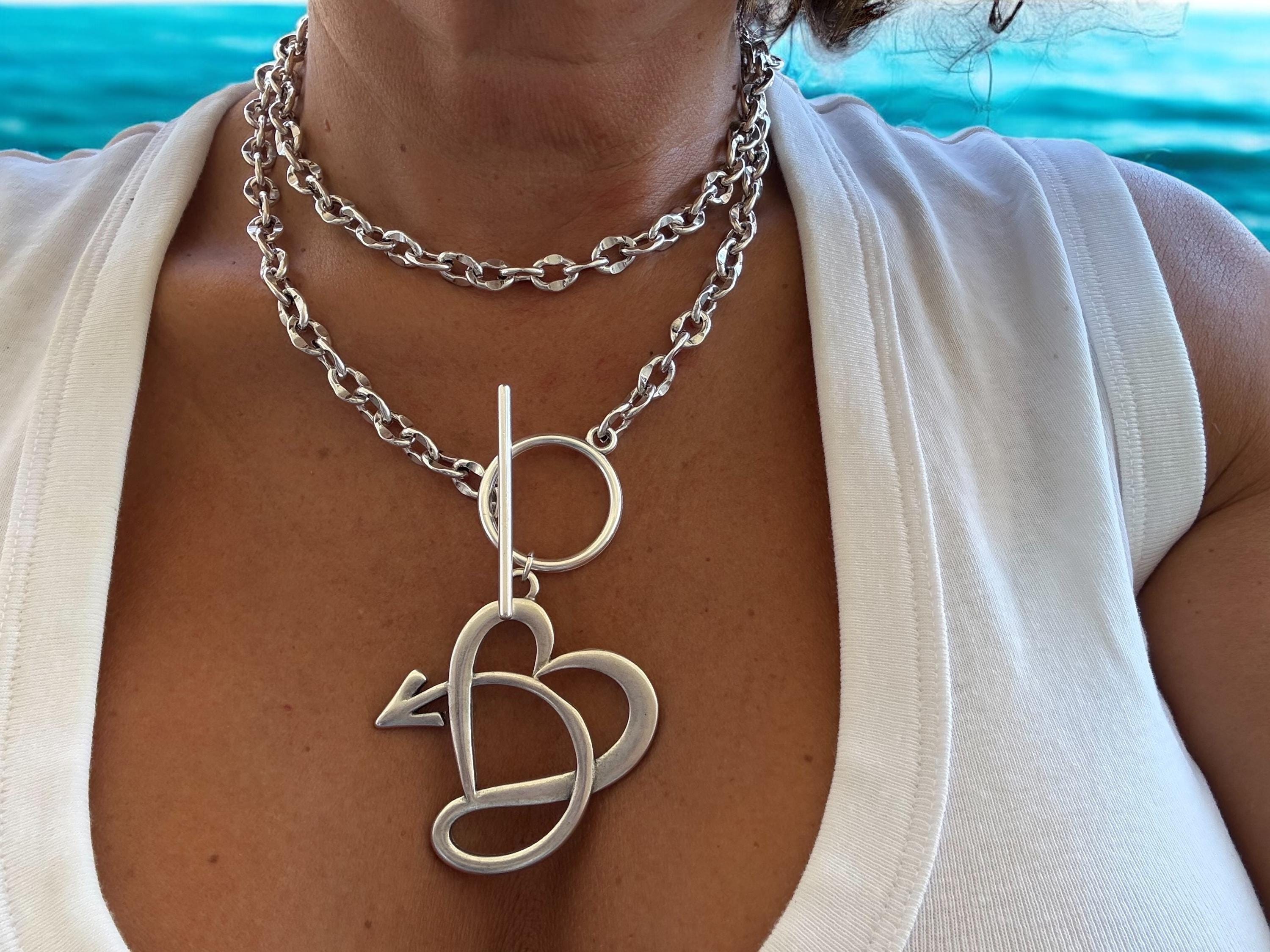 Layering chunky chain necklace with toggle clasp and spectacular big hear pendant, silver bold chain necklace, gift for her,
