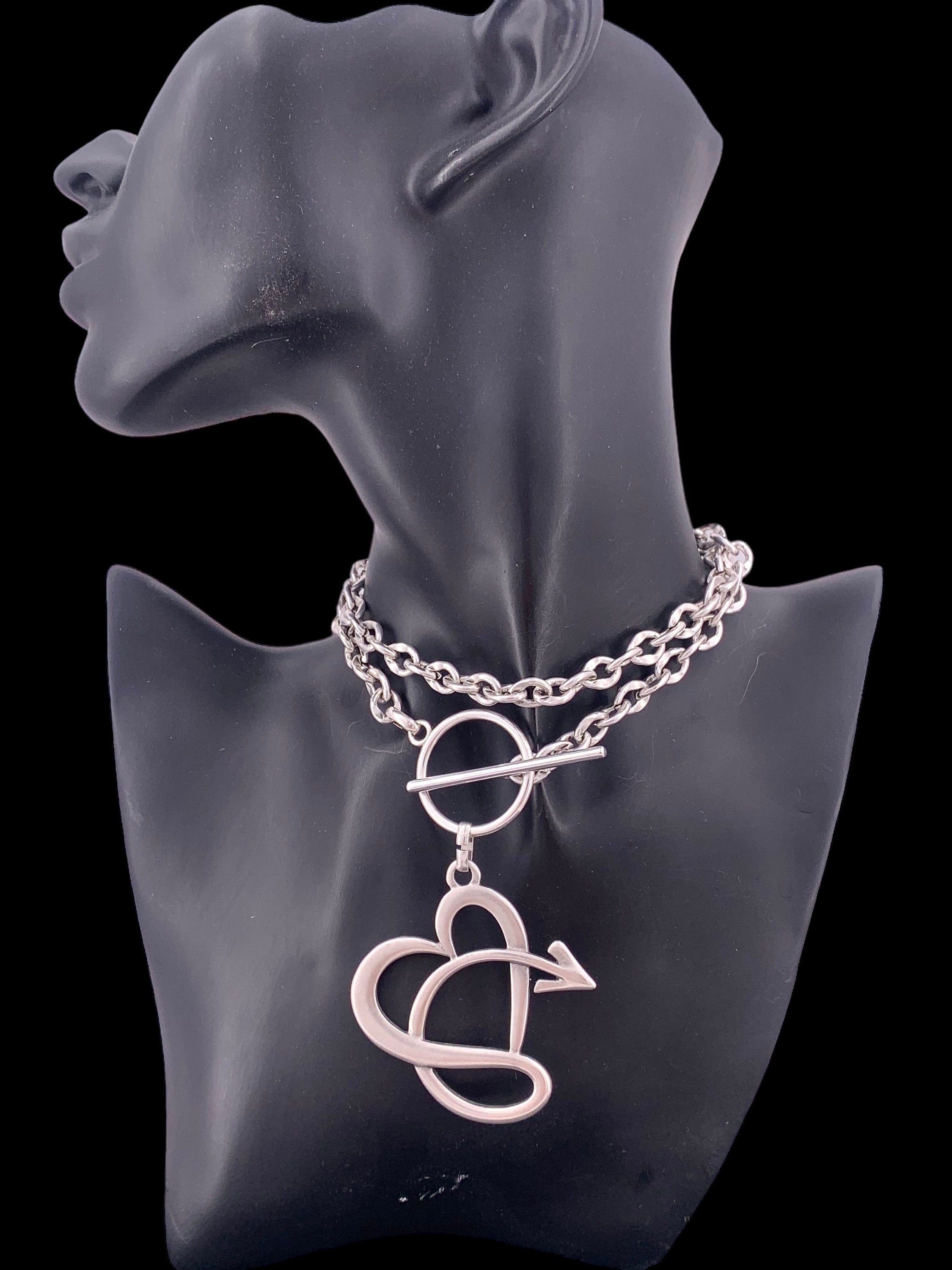 Layering chunky chain necklace with toggle clasp and spectacular big hear pendant, silver bold chain necklace, gift for her,