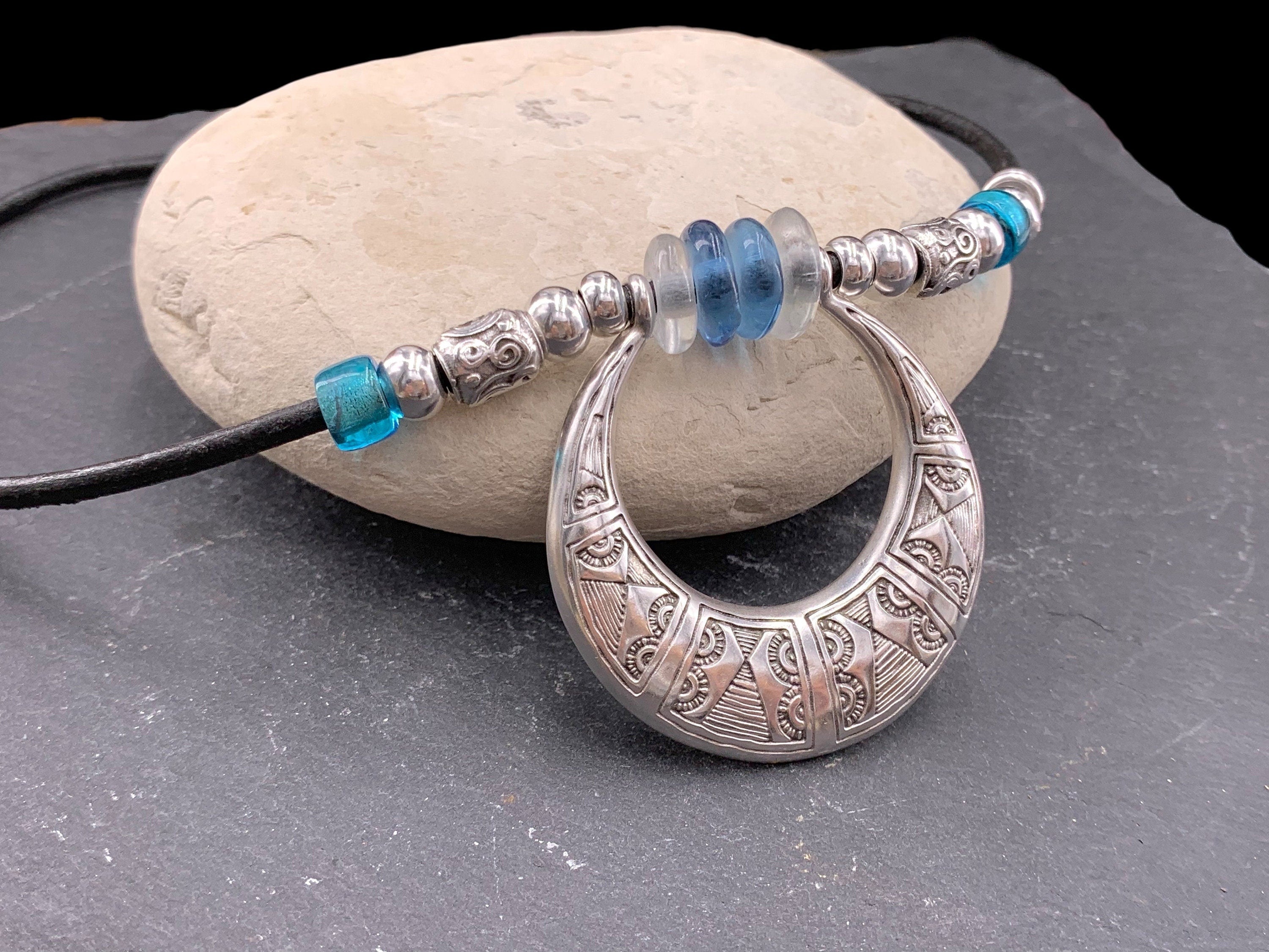 Boho Ethnic Leather Necklace with Chunky African Tribal Pendant – Recycled Glass Beads & Adjustable Length, handmade organic choker,