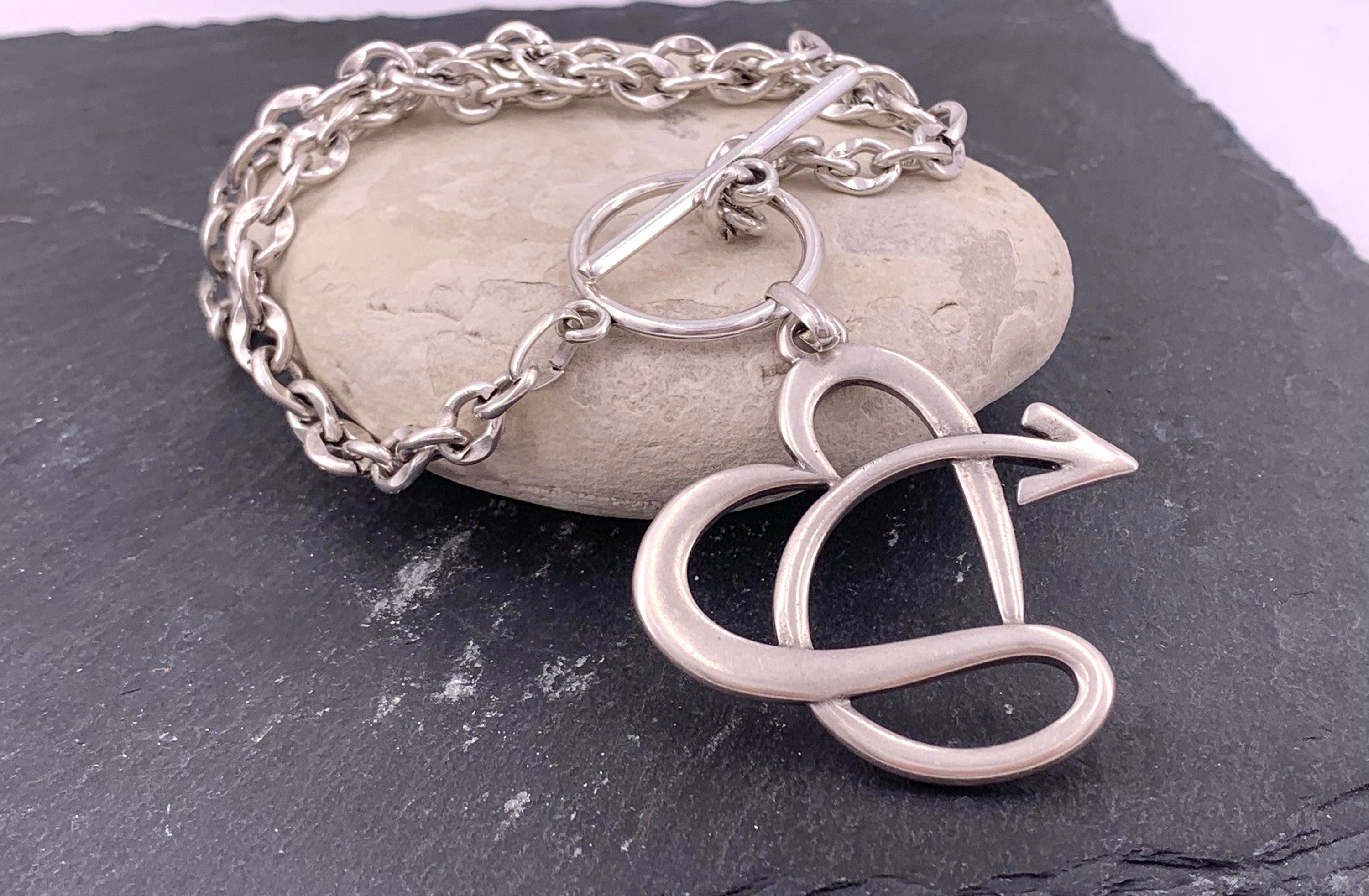 Layering chunky chain necklace with toggle clasp and spectacular big hear pendant, silver bold chain necklace, gift for her,