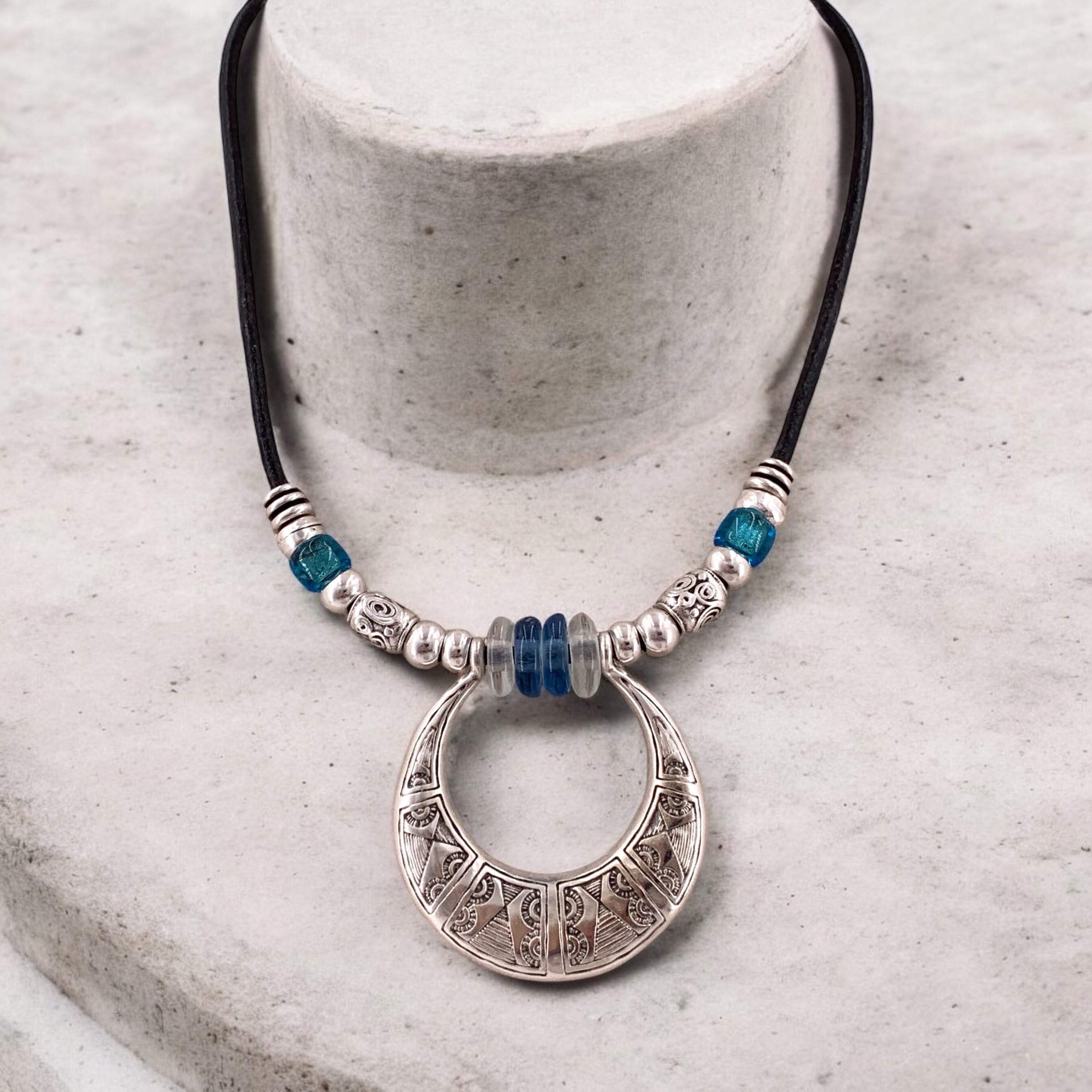 Boho Ethnic Leather Necklace with Chunky African Tribal Pendant – Recycled Glass Beads & Adjustable Length, handmade organic choker,