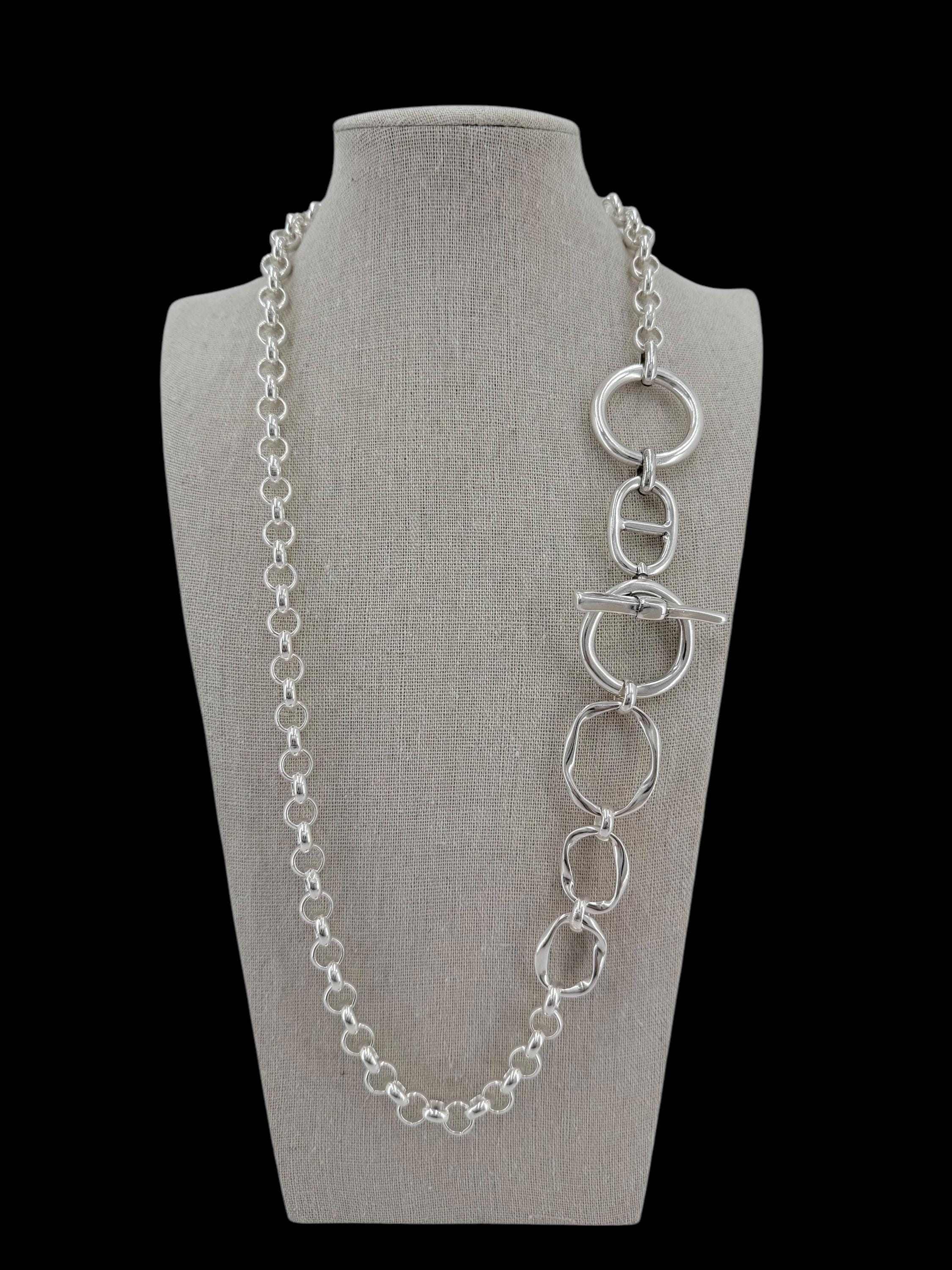 Chunky Silver Circle Necklace – Handmade Statement Chain with Toggle Clasp – Bold Rolo Chain with Toggle Clasp, Custom Length, gift for her