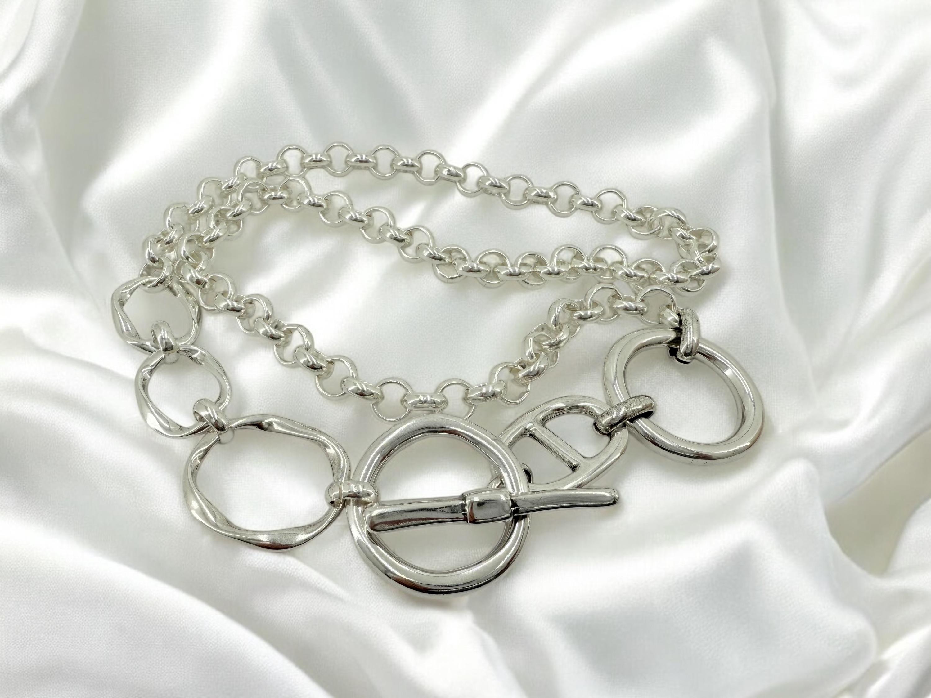 Chunky Silver Circle Necklace – Handmade Statement Chain with Toggle Clasp – Bold Rolo Chain with Toggle Clasp, Custom Length, gift for her