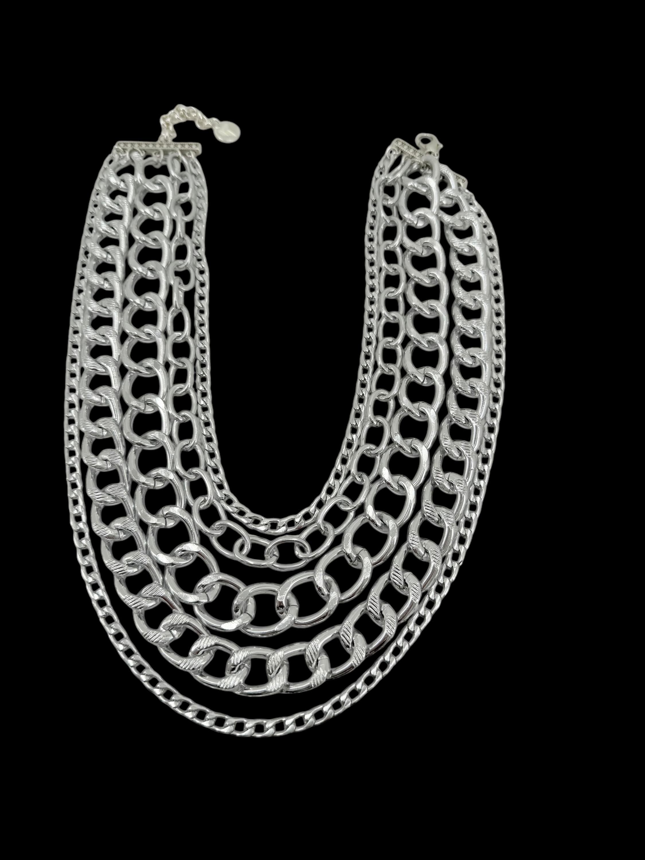 Chunky multi layer chain necklace, layering silver vintage necklace, multi strand chain necklace, statement necklace, extravagant necklace