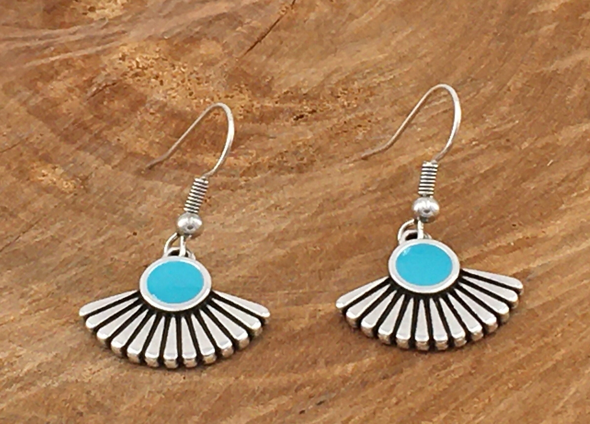 Boho Fan-Shaped Drop Earrings – Lightweight Turquoise Enamel with Artistic Movement and Summer tribal Charm, Artisan Boho Drop Earrings