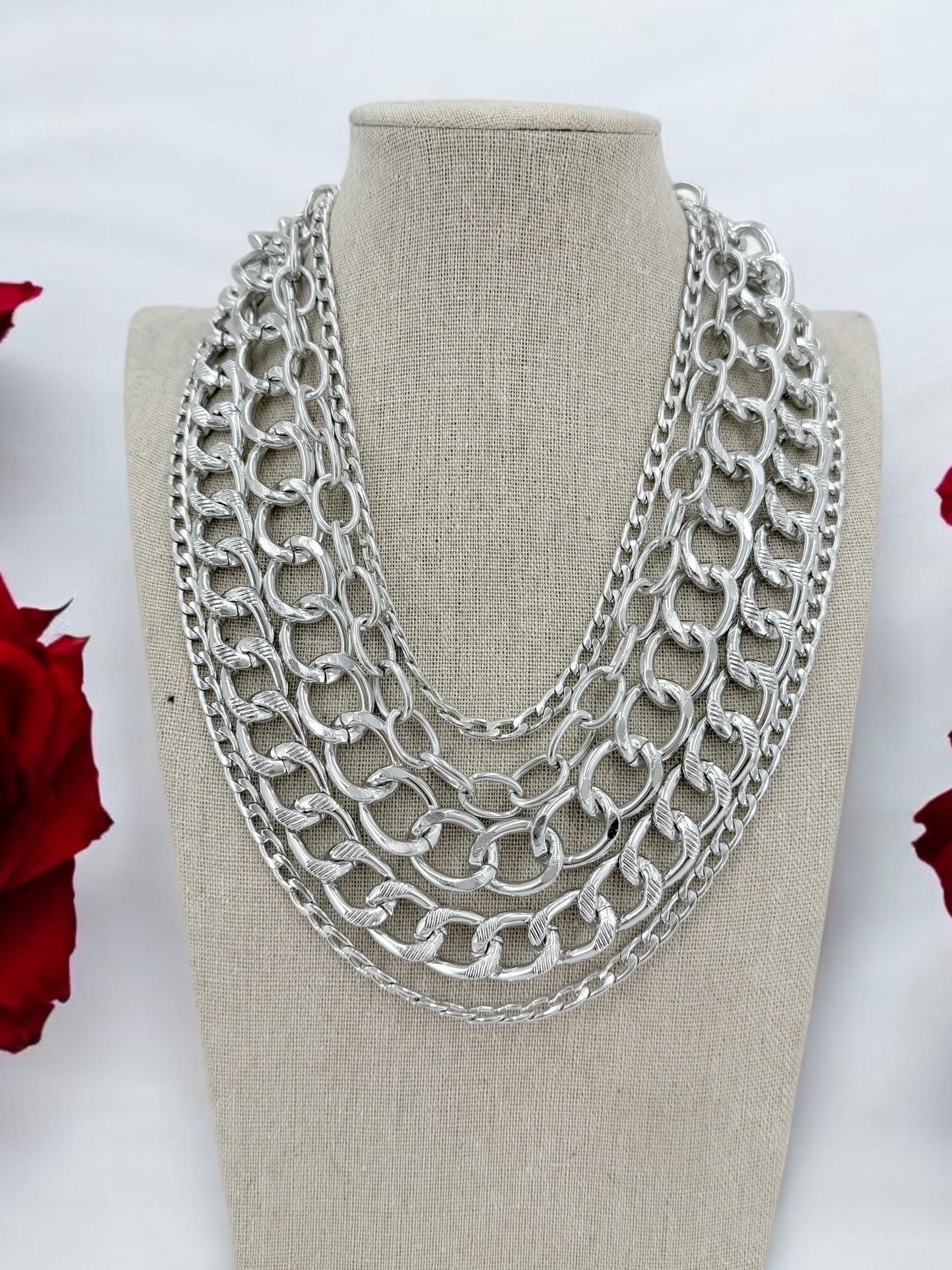 Chunky multi layer chain necklace, layering silver vintage necklace, multi strand chain necklace, statement necklace, extravagant necklace