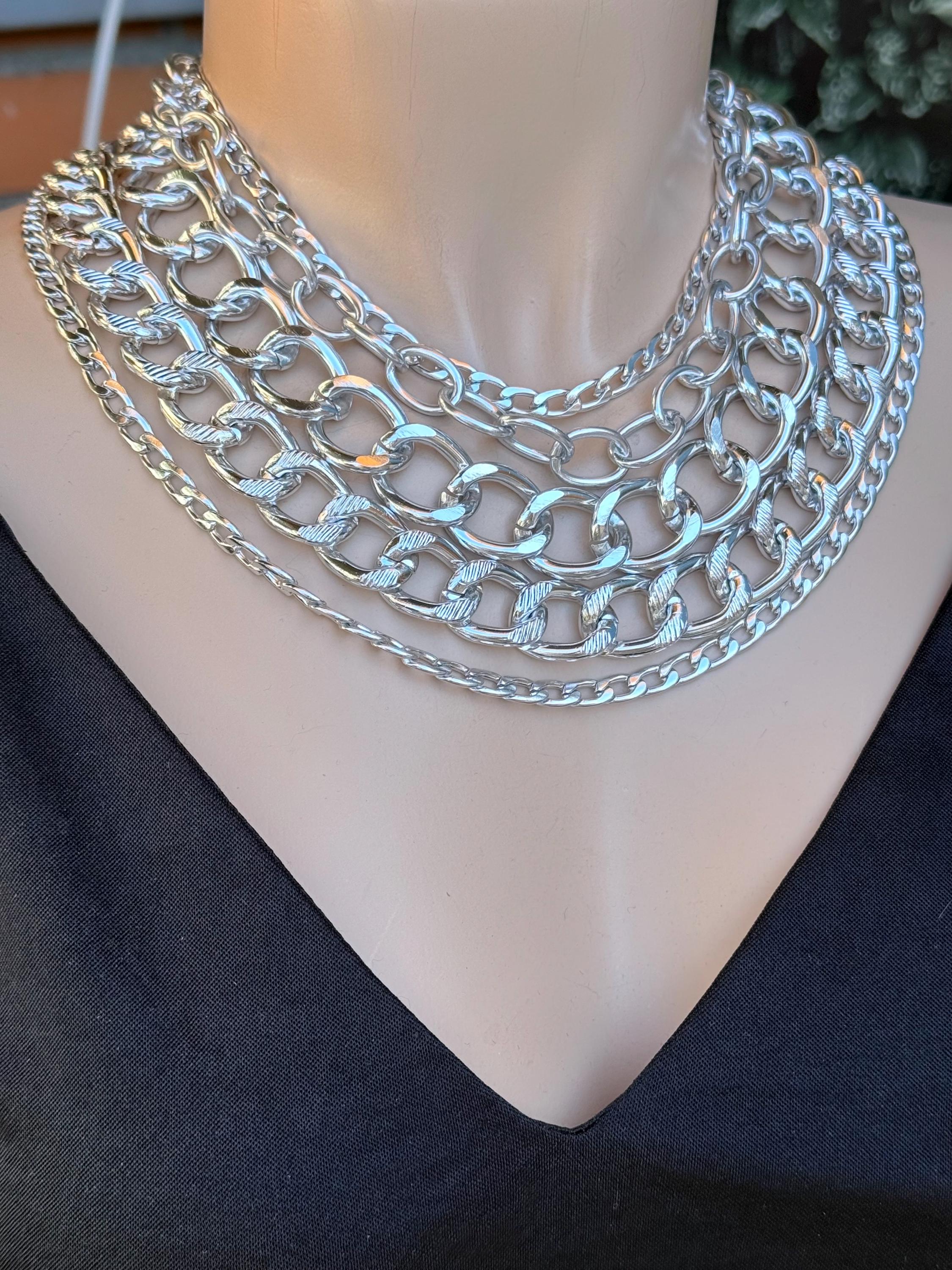 Chunky multi layer chain necklace, layering silver vintage necklace, multi strand chain necklace, statement necklace, extravagant necklace