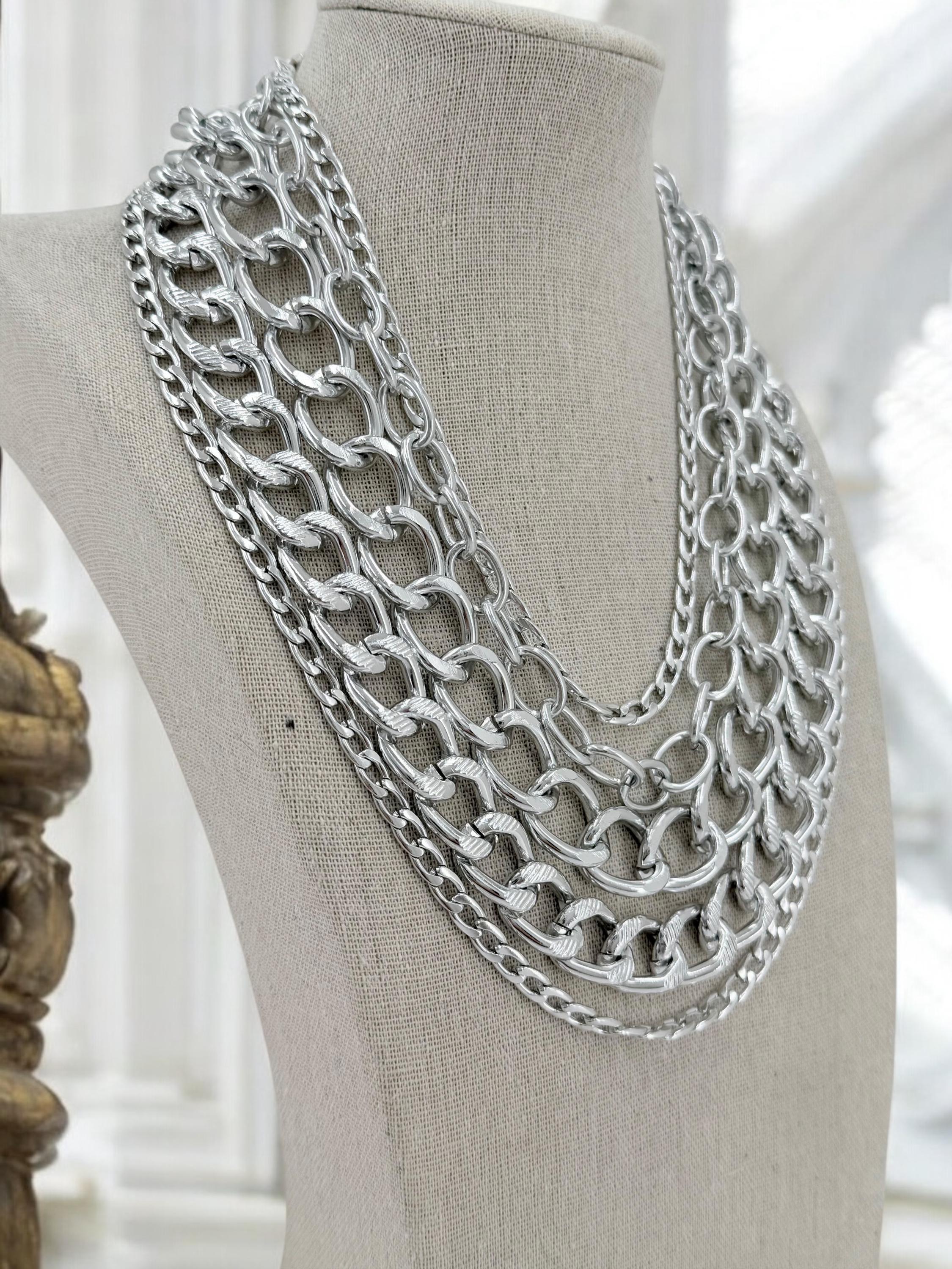 Chunky multi layer chain necklace, layering silver vintage necklace, multi strand chain necklace, statement necklace, extravagant necklace