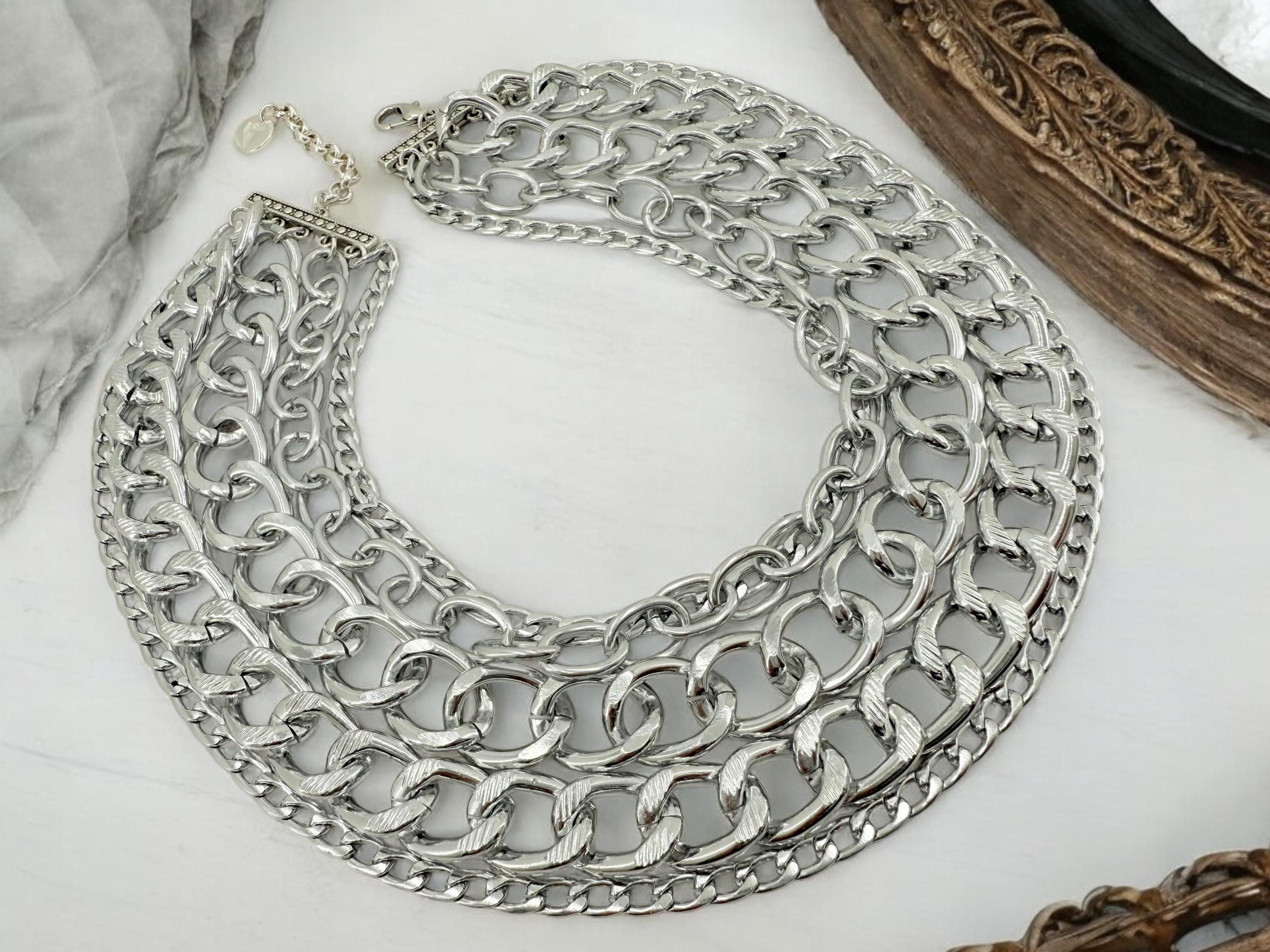 Chunky multi layer chain necklace, layering silver vintage necklace, multi strand chain necklace, statement necklace, extravagant necklace