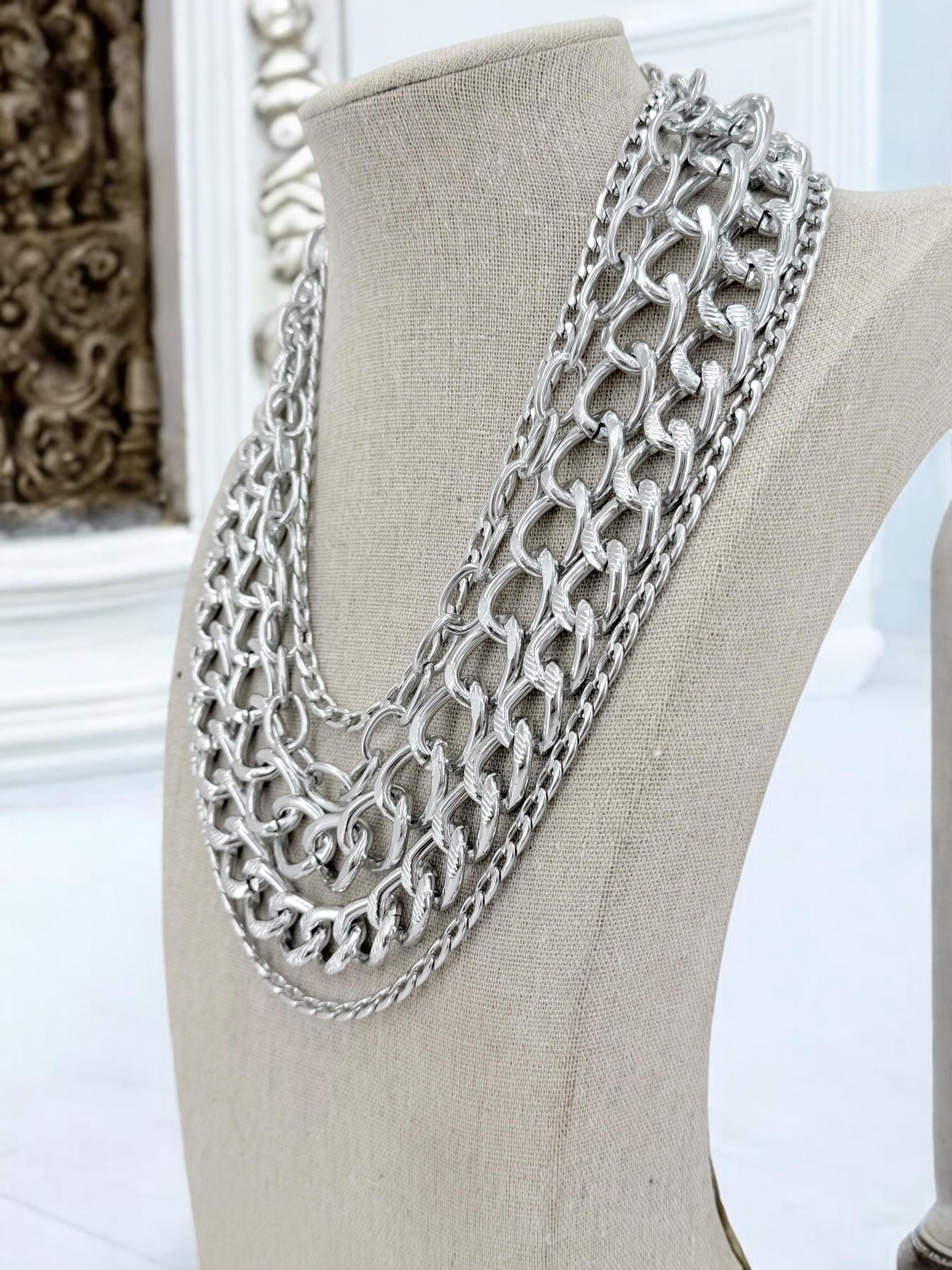 Chunky multi layer chain necklace, layering silver vintage necklace, multi strand chain necklace, statement necklace, extravagant necklace