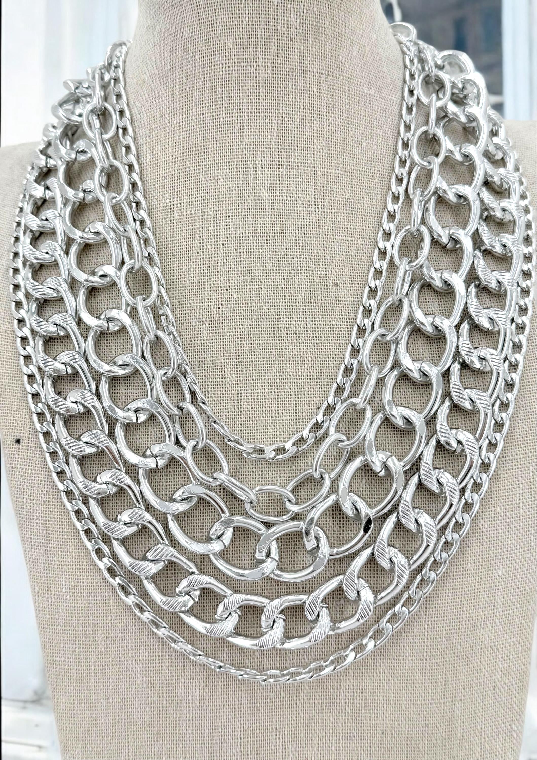 Chunky multi layer chain necklace, layering silver vintage necklace, multi strand chain necklace, statement necklace, extravagant necklace