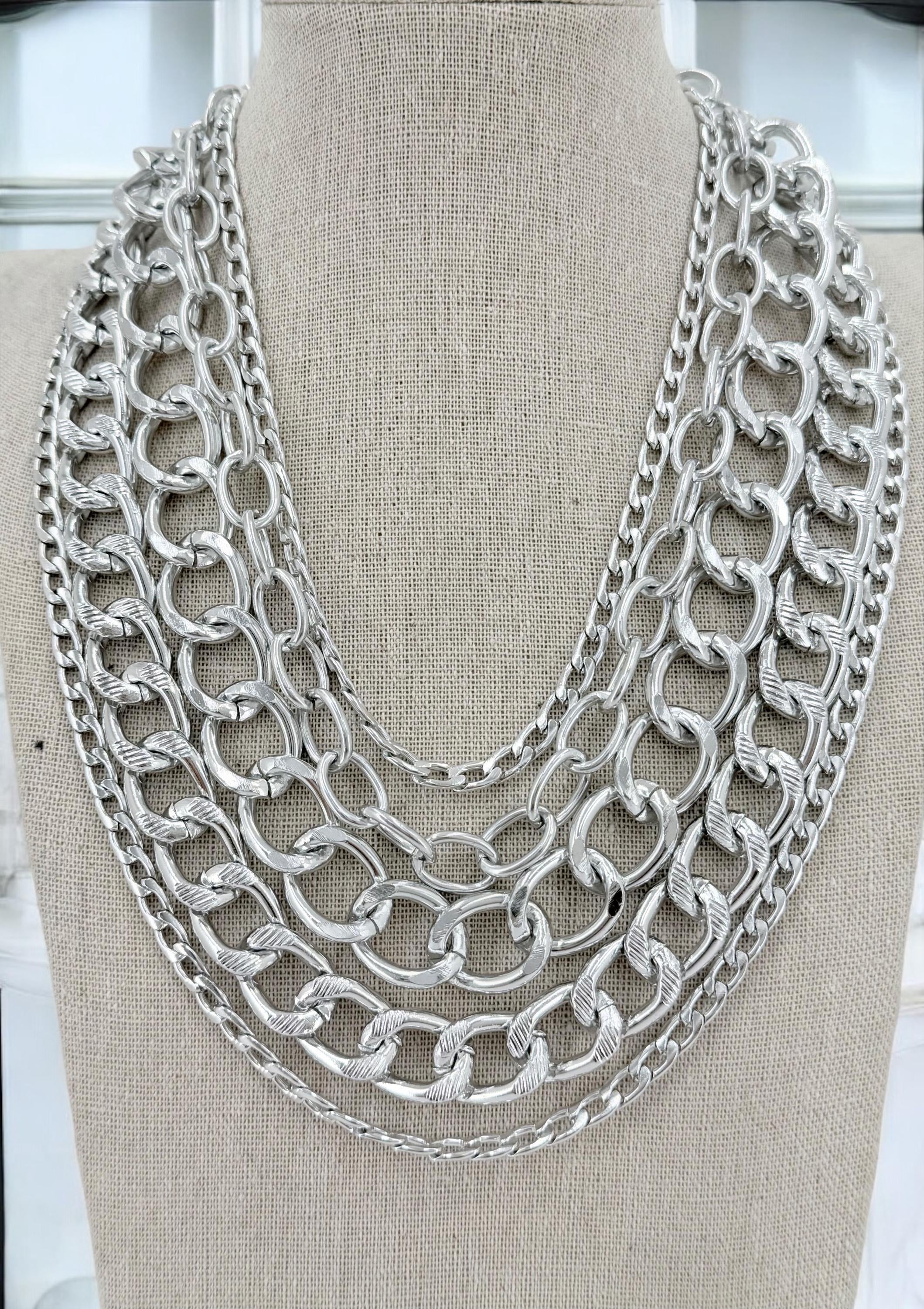 Chunky multi layer chain necklace, layering silver vintage necklace, multi strand chain necklace, statement necklace, extravagant necklace