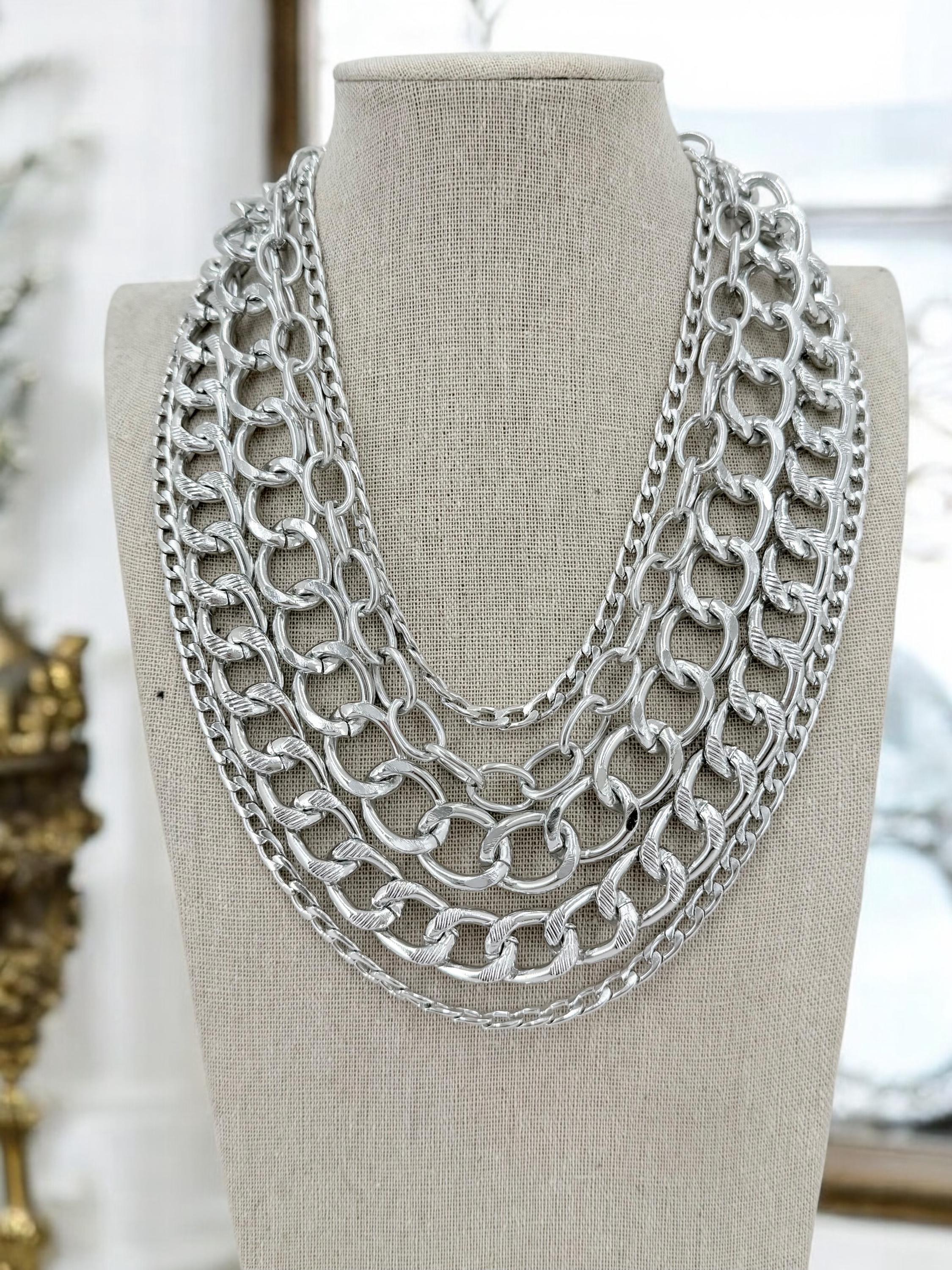 Chunky multi layer chain necklace, layering silver vintage necklace, multi strand chain necklace, statement necklace, extravagant necklace