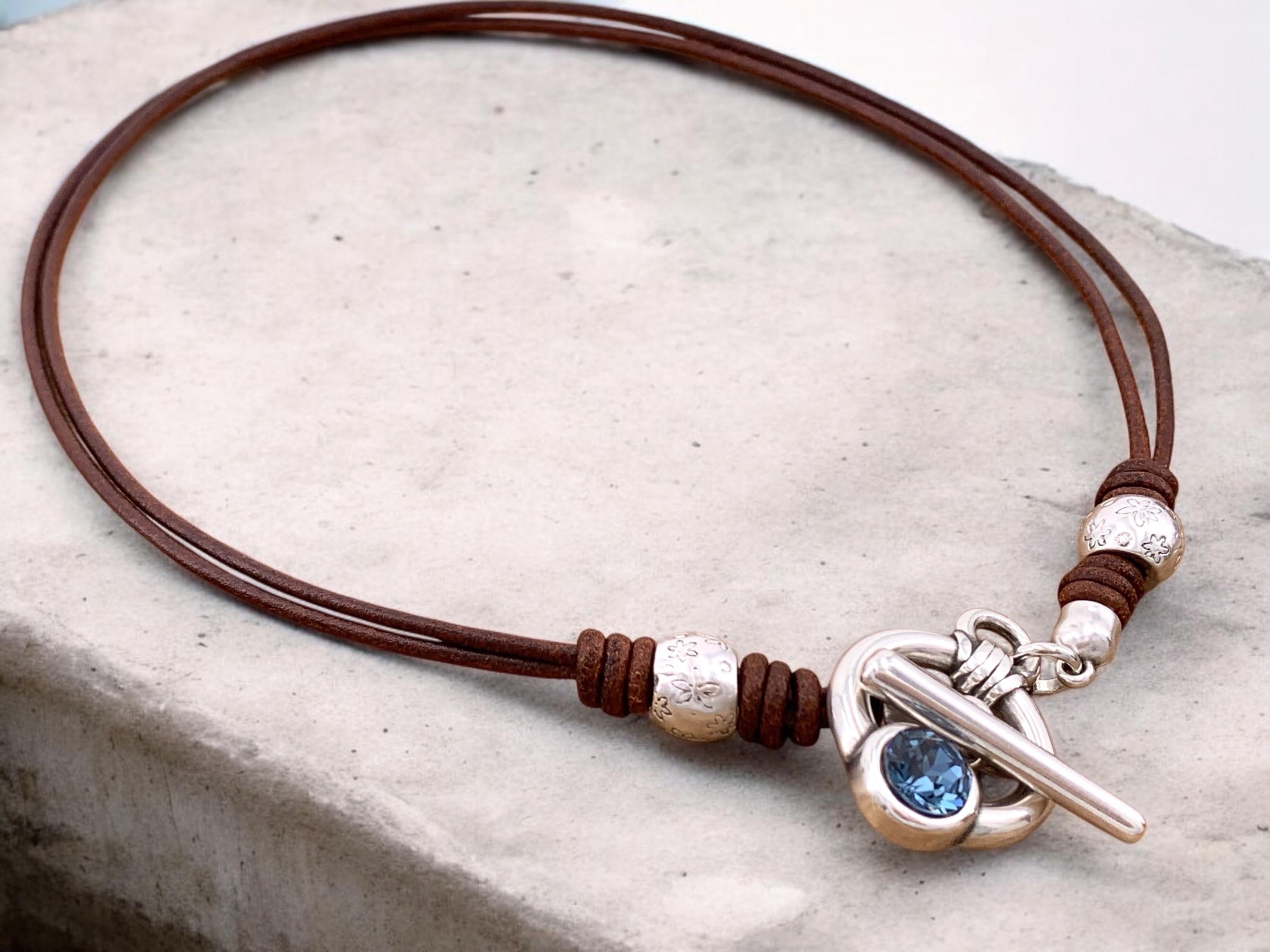 Leather necklace with silver toggle clasp with Swarovski crystal, bohemian choker necklace, leather and silver choker, uno de 50 style, gift
