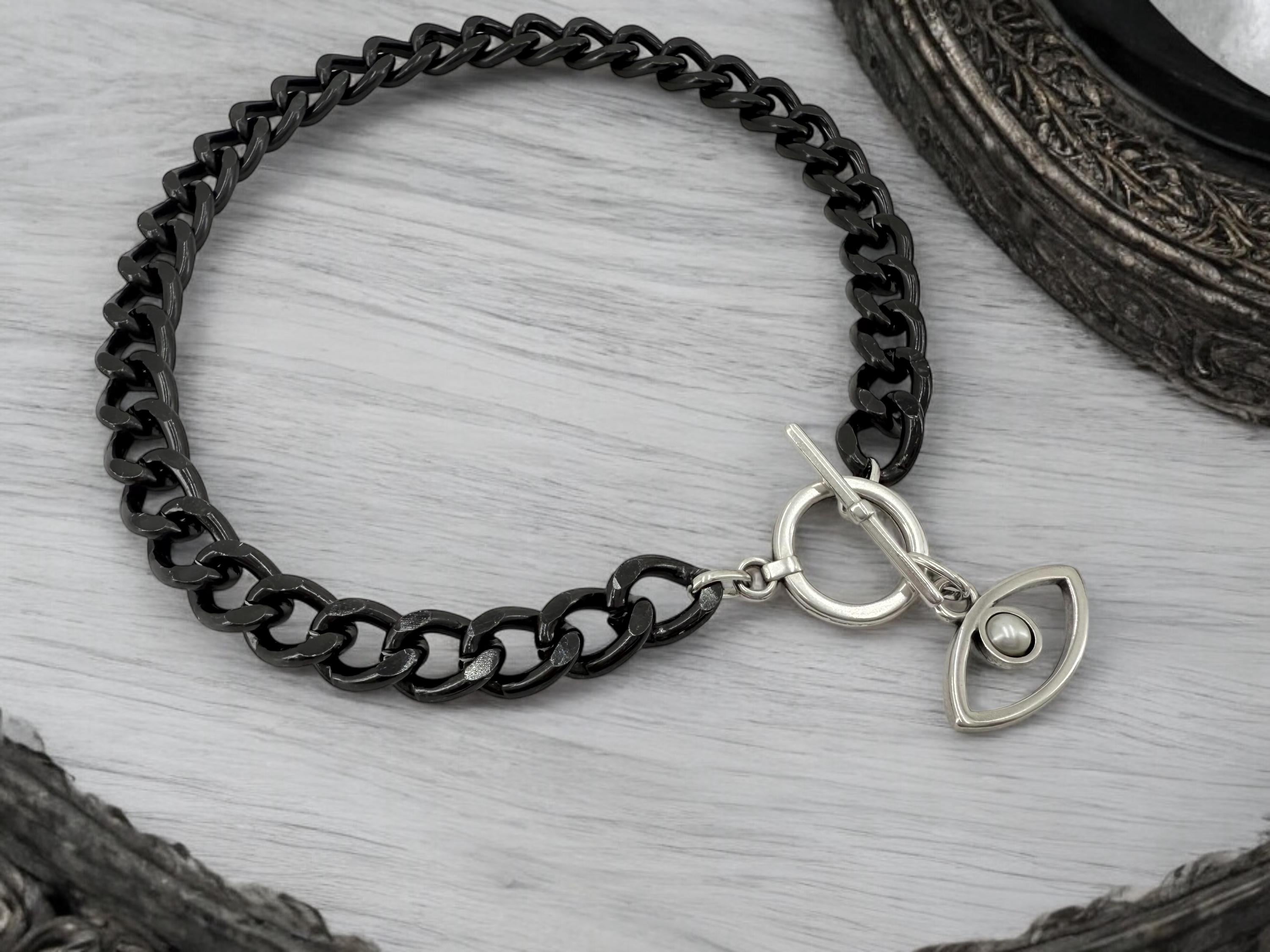 Chunky aluminum black chain necklace with eye pendant, toggle clasp black chain necklace, lightweight necklace, bold necklace, black choker