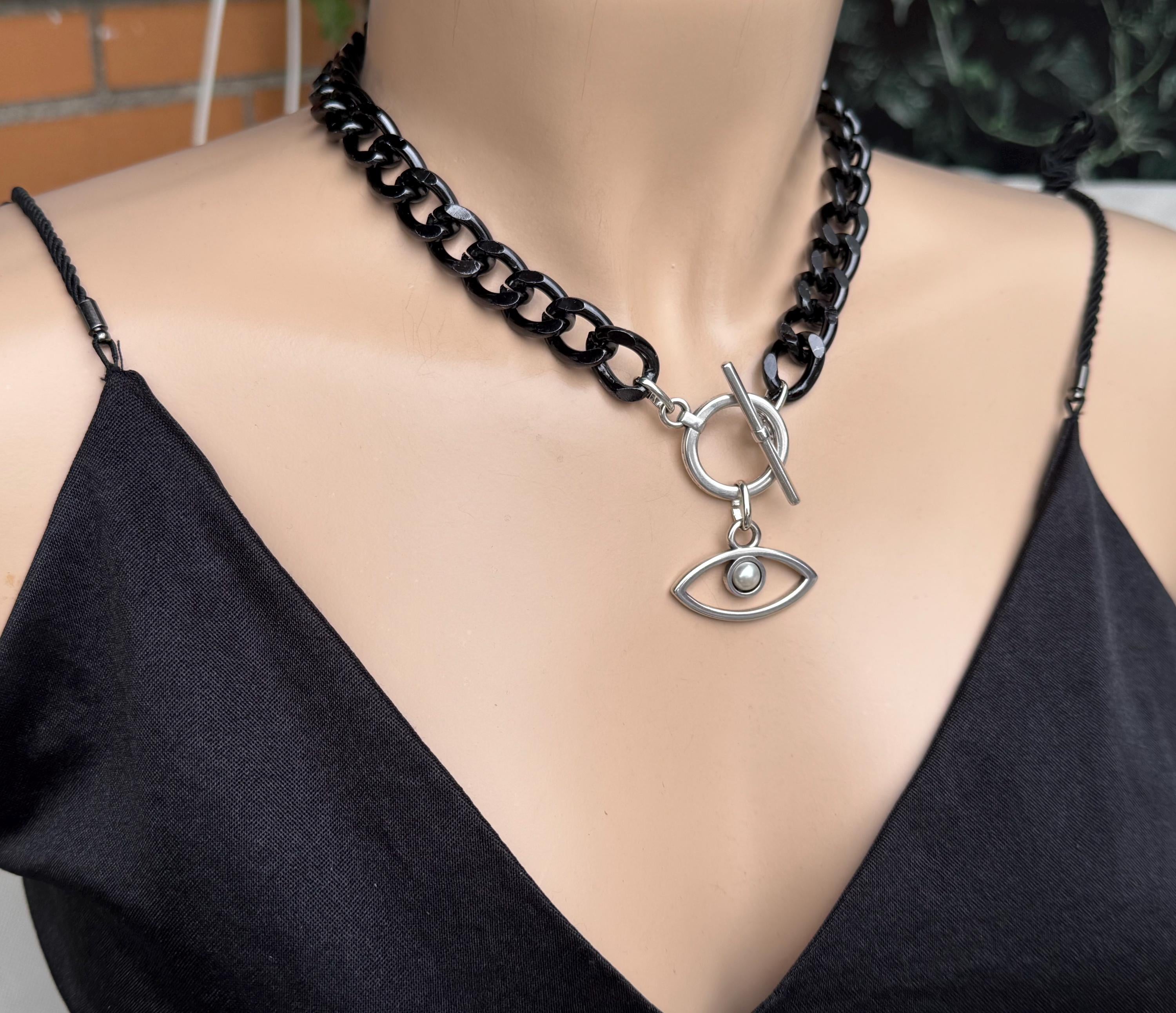 Chunky aluminum black chain necklace with eye pendant, toggle clasp black chain necklace, lightweight necklace, bold necklace, black choker