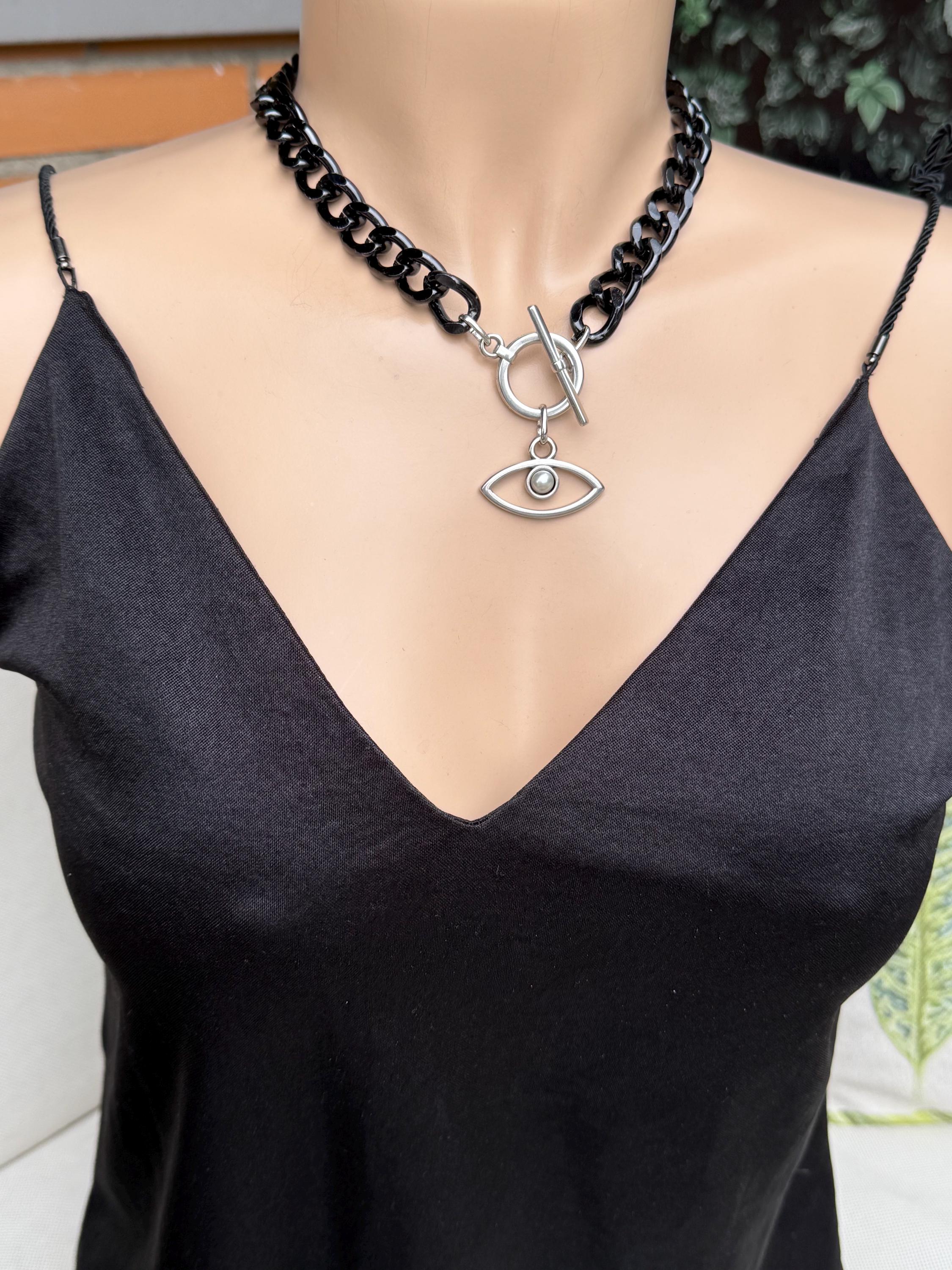 Chunky aluminum black chain necklace with eye pendant, toggle clasp black chain necklace, lightweight necklace, bold necklace, black choker
