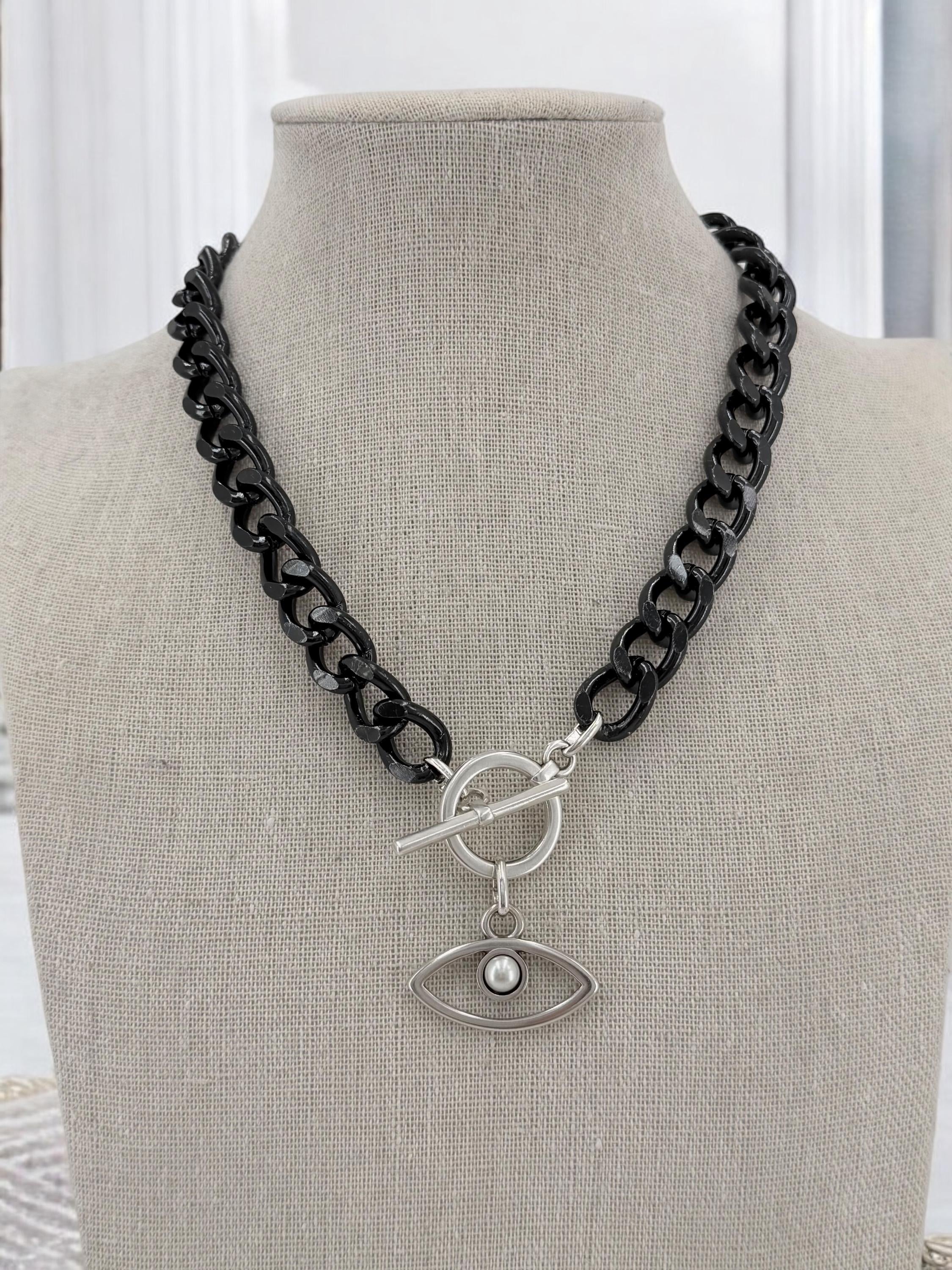 Chunky aluminum black chain necklace with eye pendant, toggle clasp black chain necklace, lightweight necklace, bold necklace, black choker