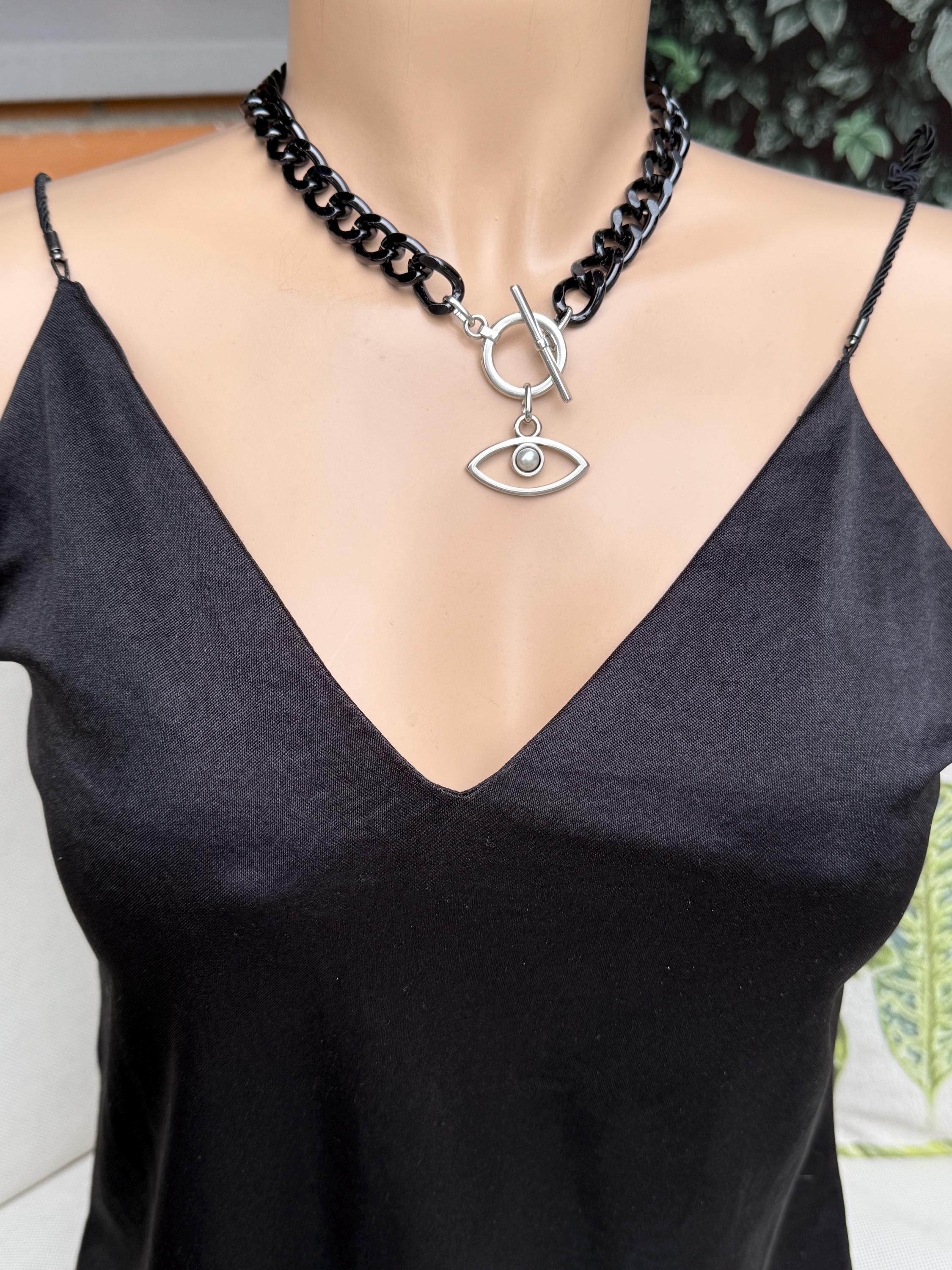 Chunky aluminum black chain necklace with eye pendant, toggle clasp black chain necklace, lightweight necklace, bold necklace, black choker