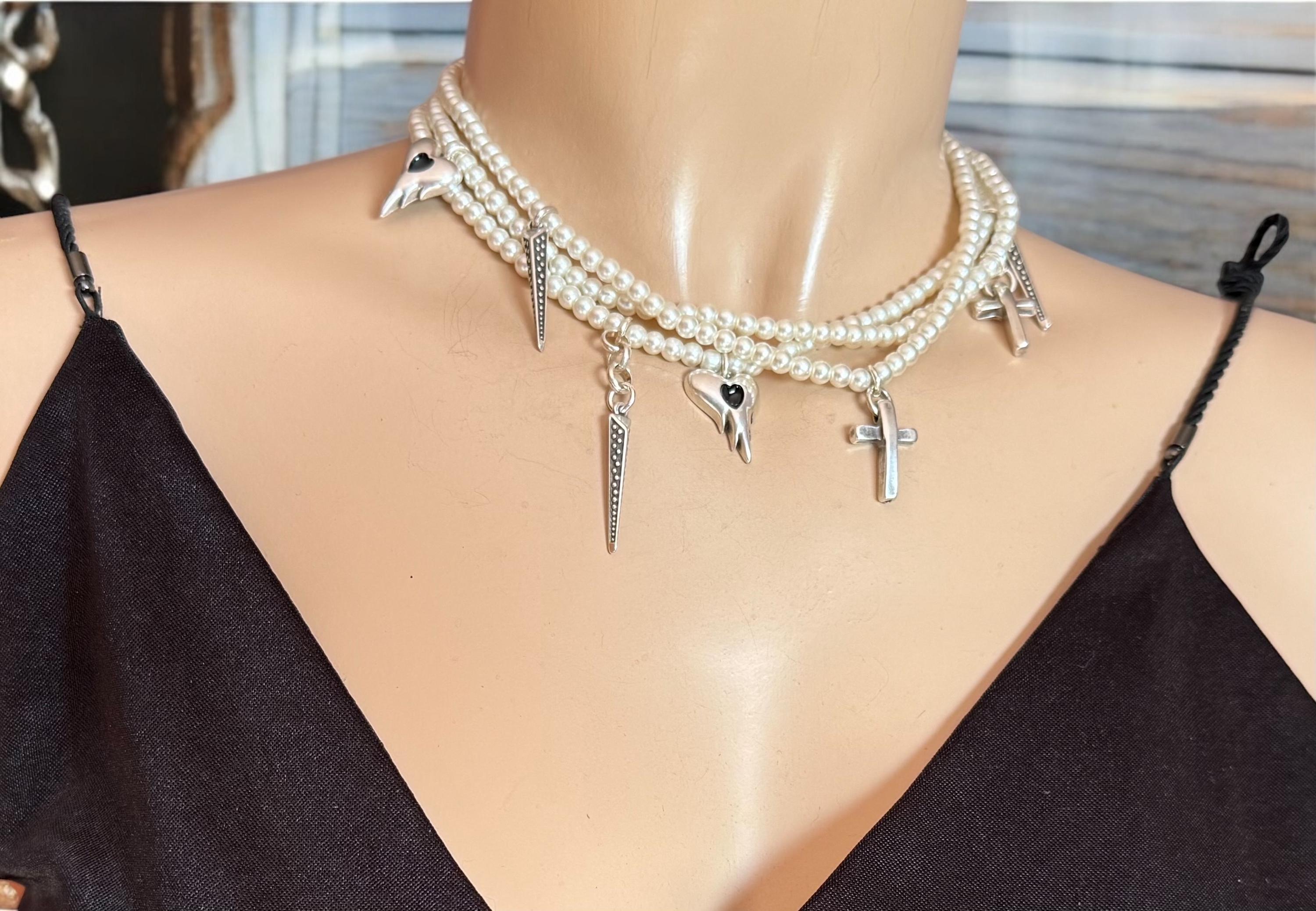 Multi layer pearls choker, pearls and silver layering necklace, charms pearls choker, original designed pearls choker, heart cross choker