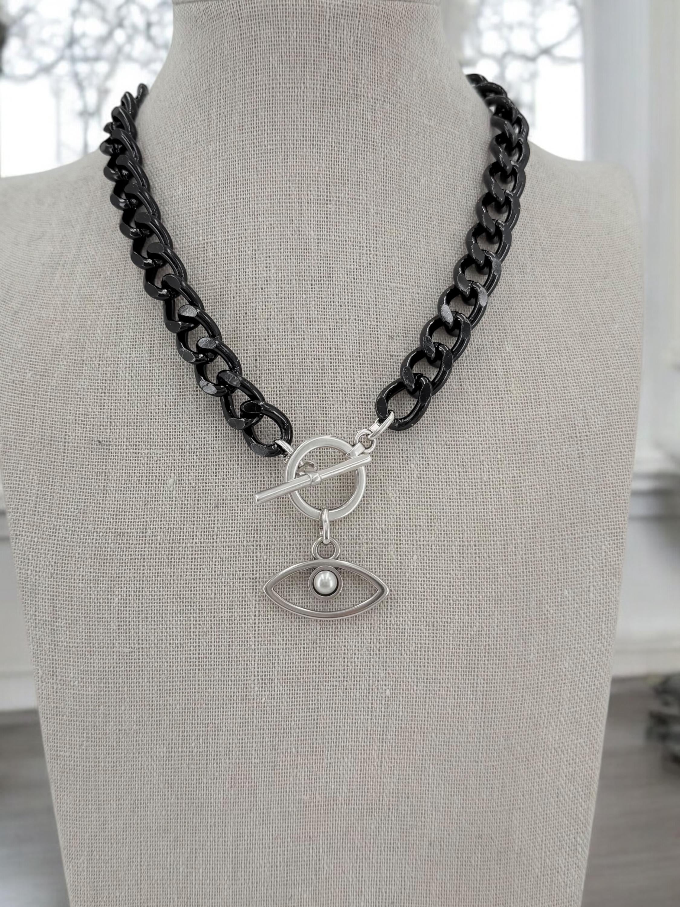 Chunky aluminum black chain necklace with eye pendant, toggle clasp black chain necklace, lightweight necklace, bold necklace, black choker