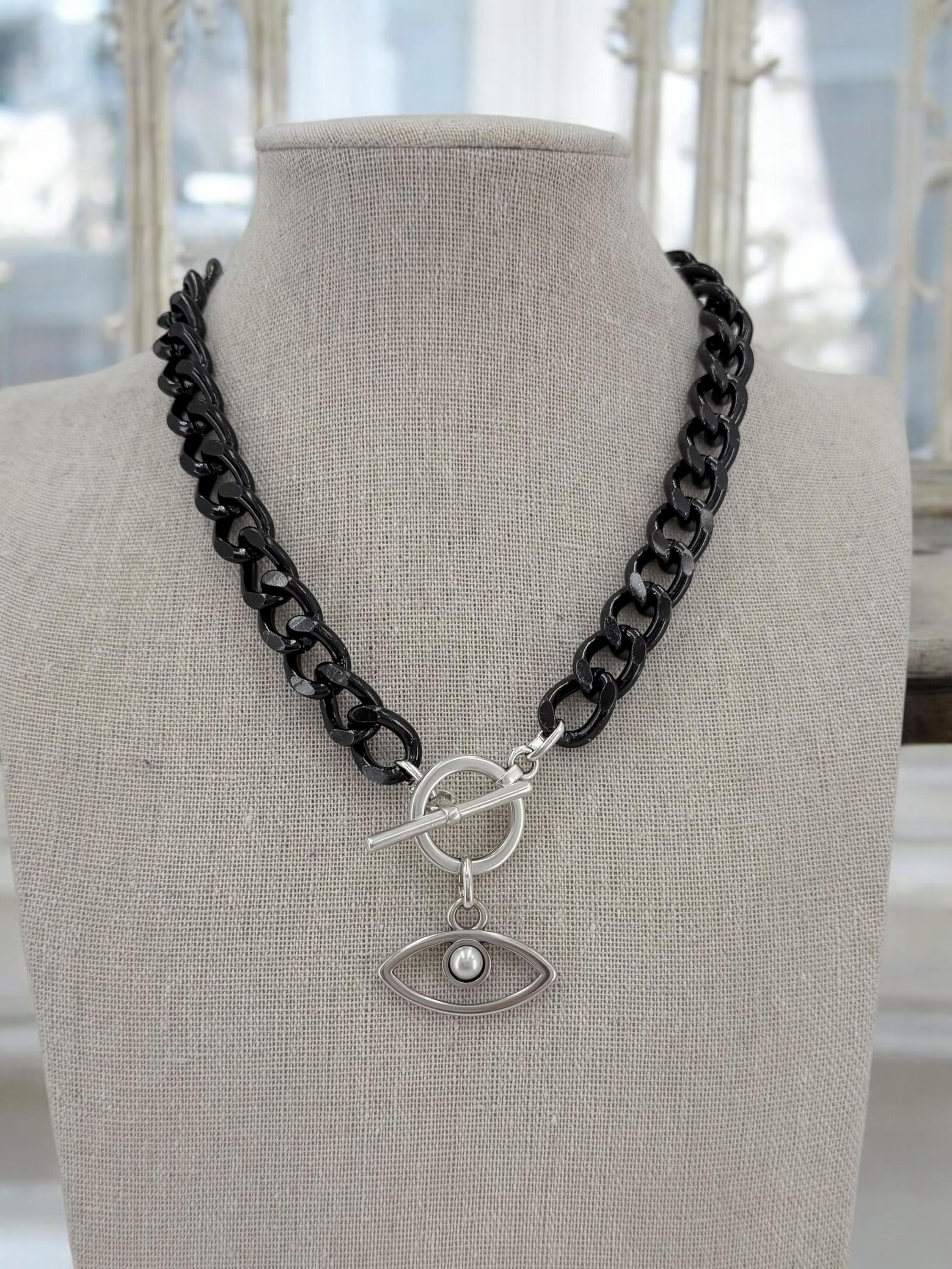 Chunky aluminum black chain necklace with eye pendant, toggle clasp black chain necklace, lightweight necklace, bold necklace, black choker
