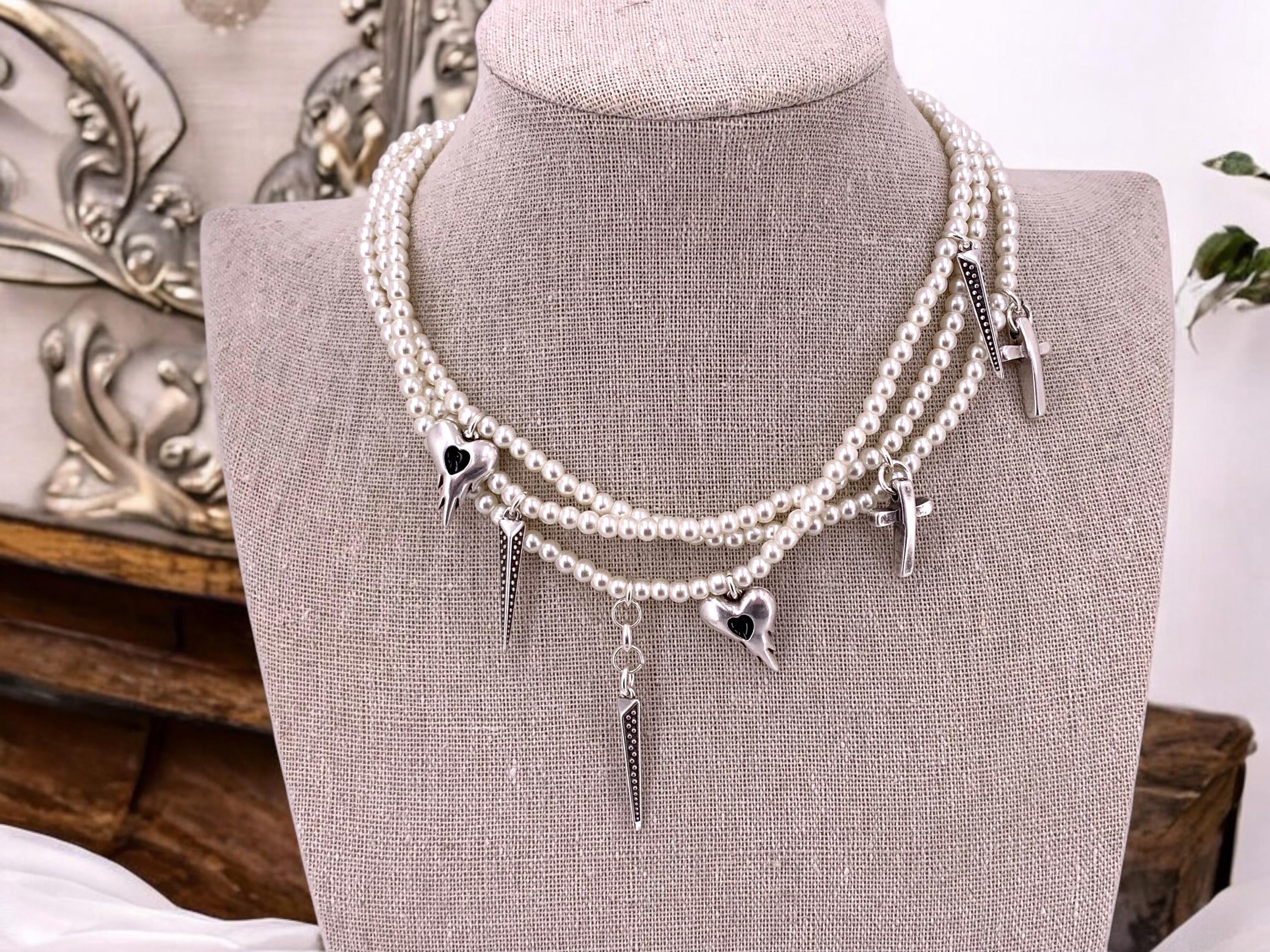 Multi layer pearls choker, pearls and silver layering necklace, charms pearls choker, original designed pearls choker, heart cross choker