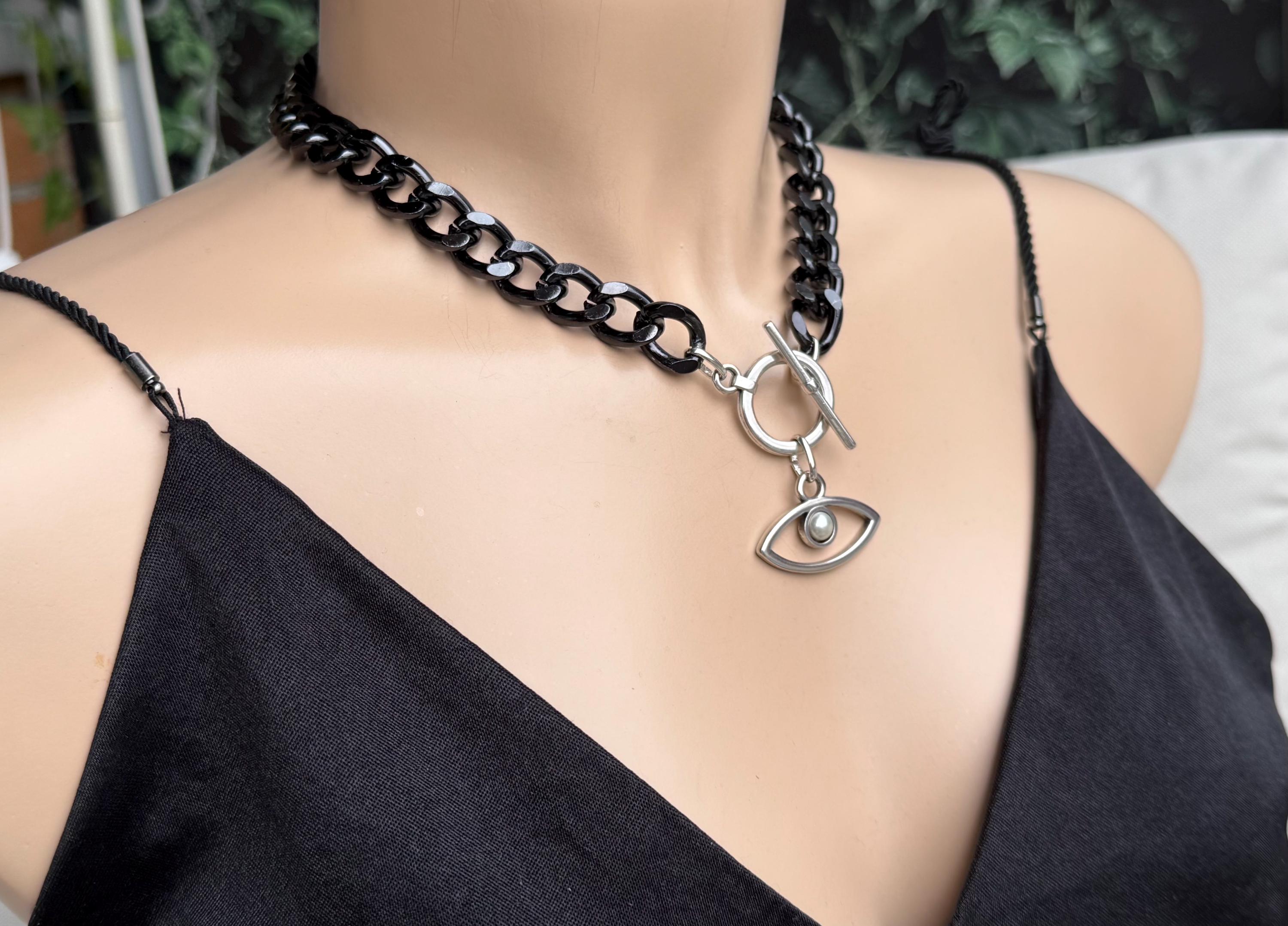 Chunky aluminum black chain necklace with eye pendant, toggle clasp black chain necklace, lightweight necklace, bold necklace, black choker