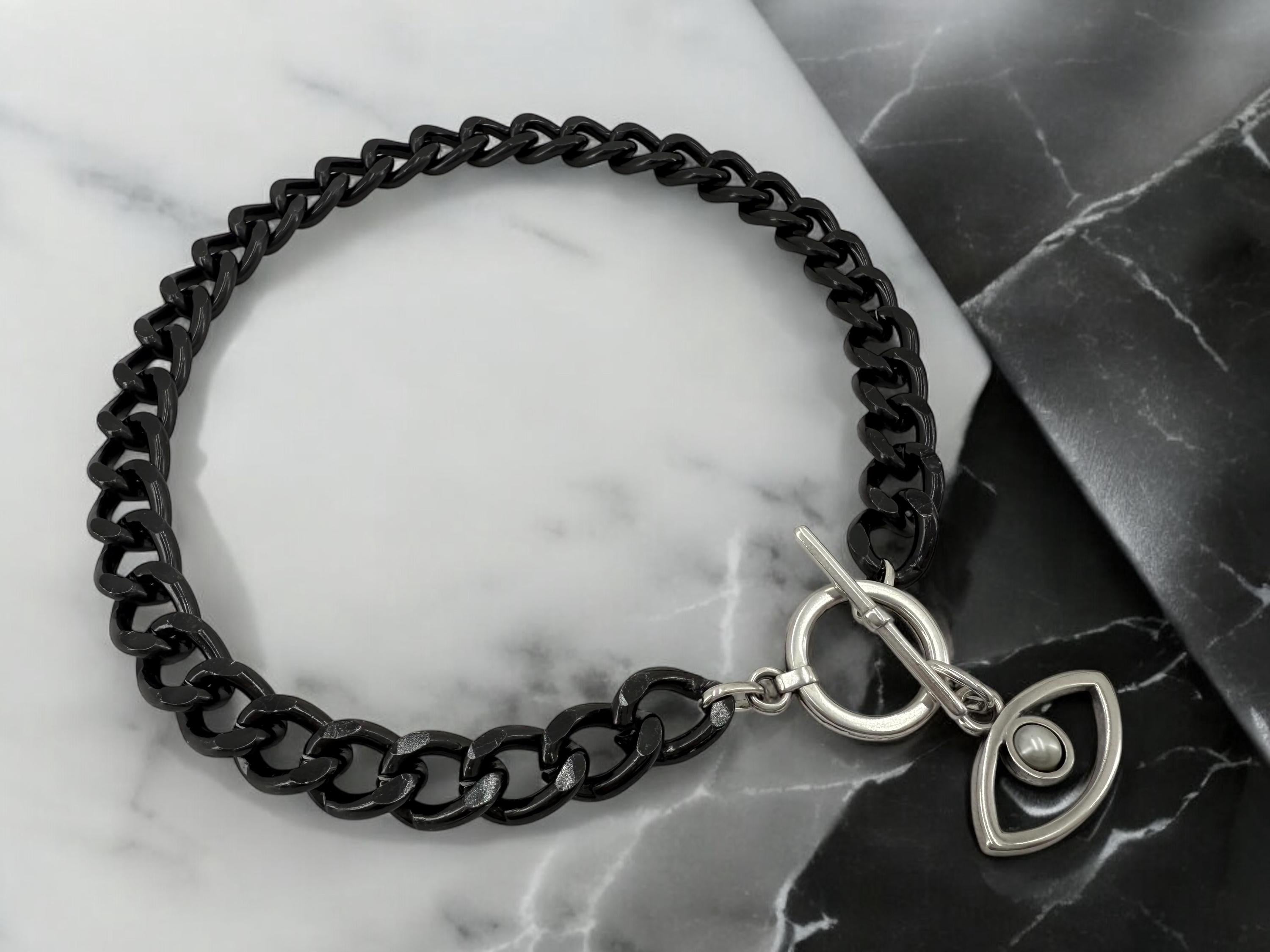 Chunky aluminum black chain necklace with eye pendant, toggle clasp black chain necklace, lightweight necklace, bold necklace, black choker