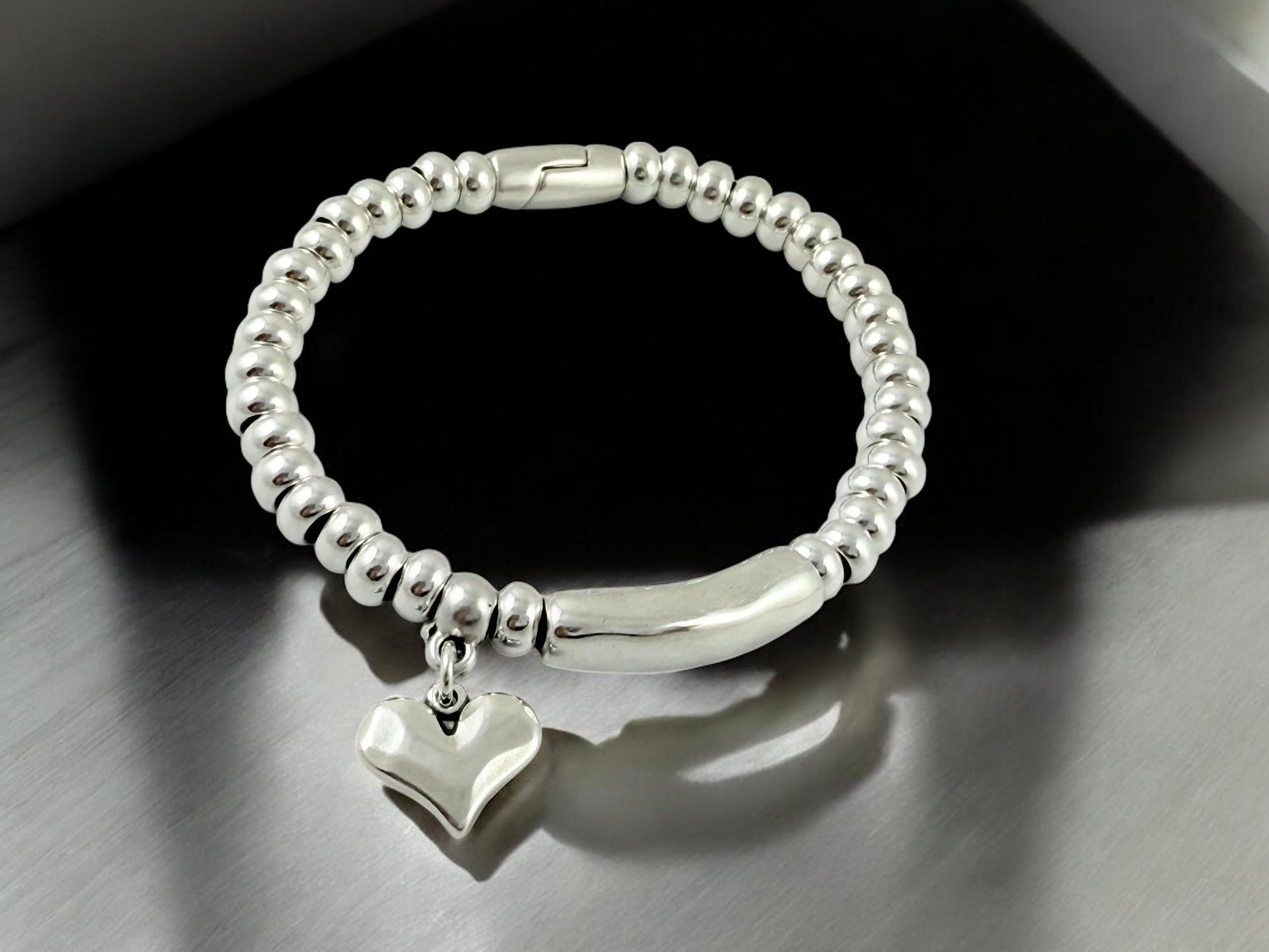 Chunky silver beaded bracelet with central tube charm and heart pendant, Heart pendant silver chunky bracelet, special gift for women