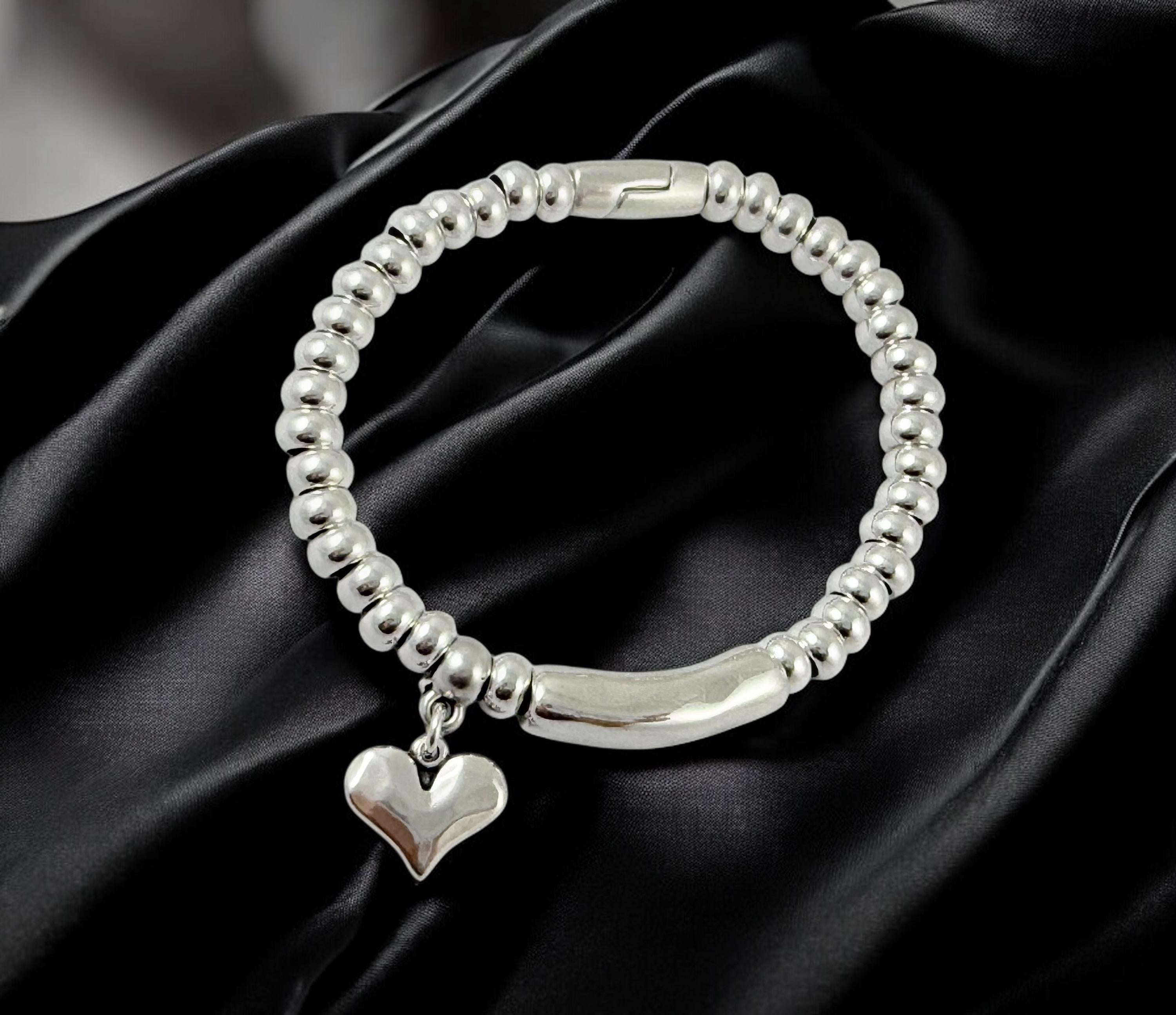 Chunky silver beaded bracelet with central tube charm and heart pendant, Heart pendant silver chunky bracelet, special gift for women