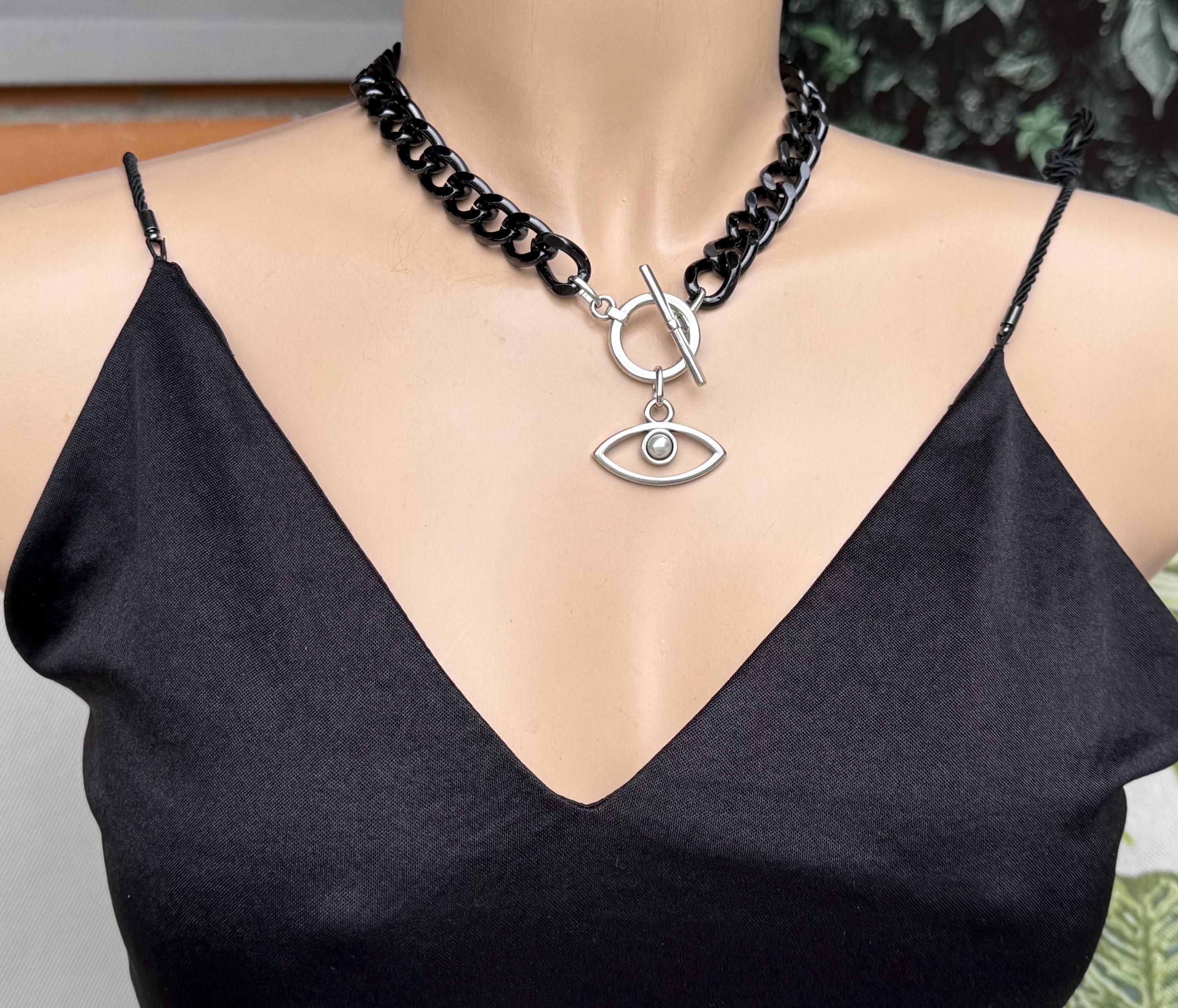 Chunky aluminum black chain necklace with eye pendant, toggle clasp black chain necklace, lightweight necklace, bold necklace, black choker