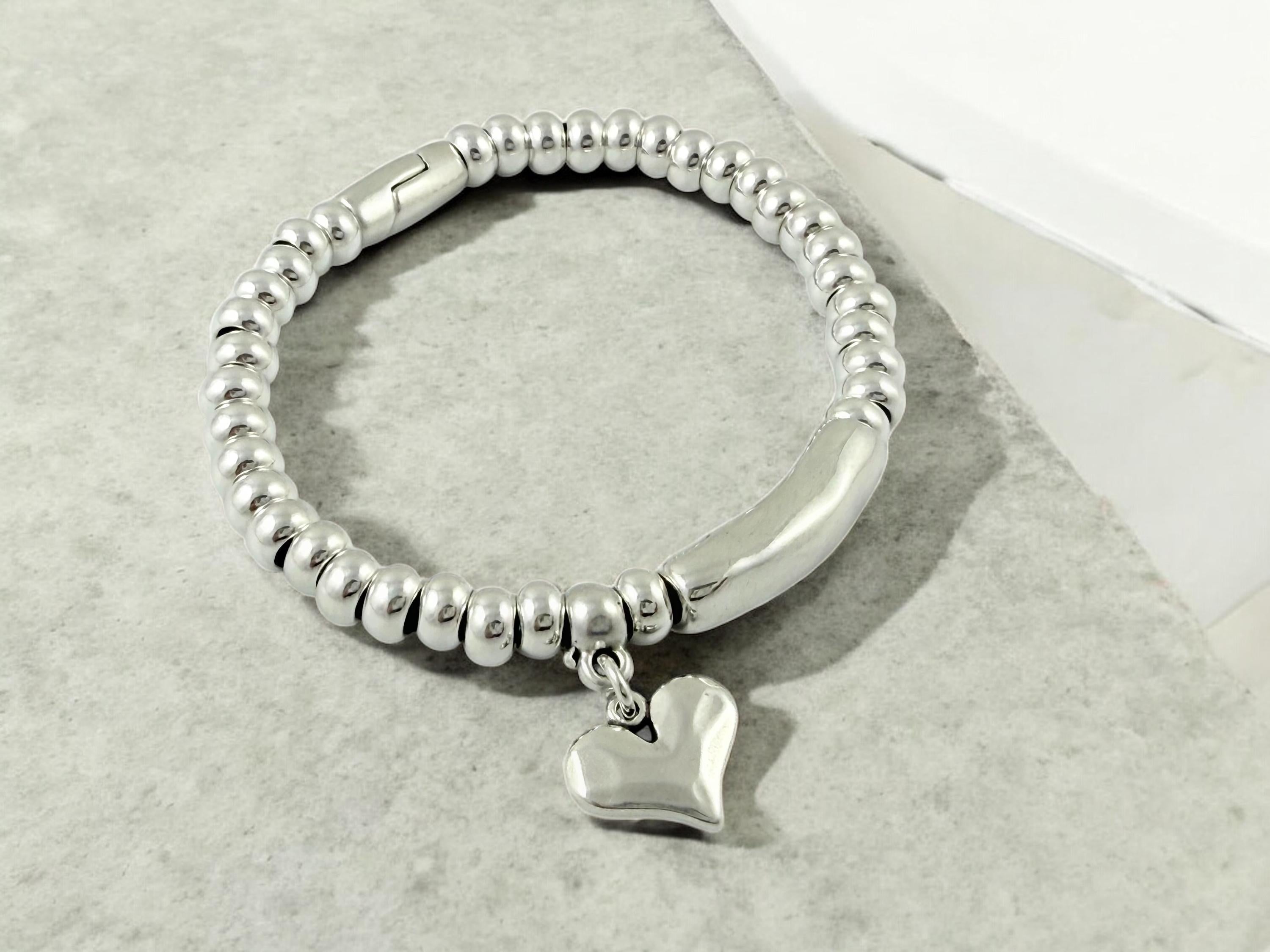 Chunky silver beaded bracelet with central tube charm and heart pendant, Heart pendant silver chunky bracelet, special gift for women