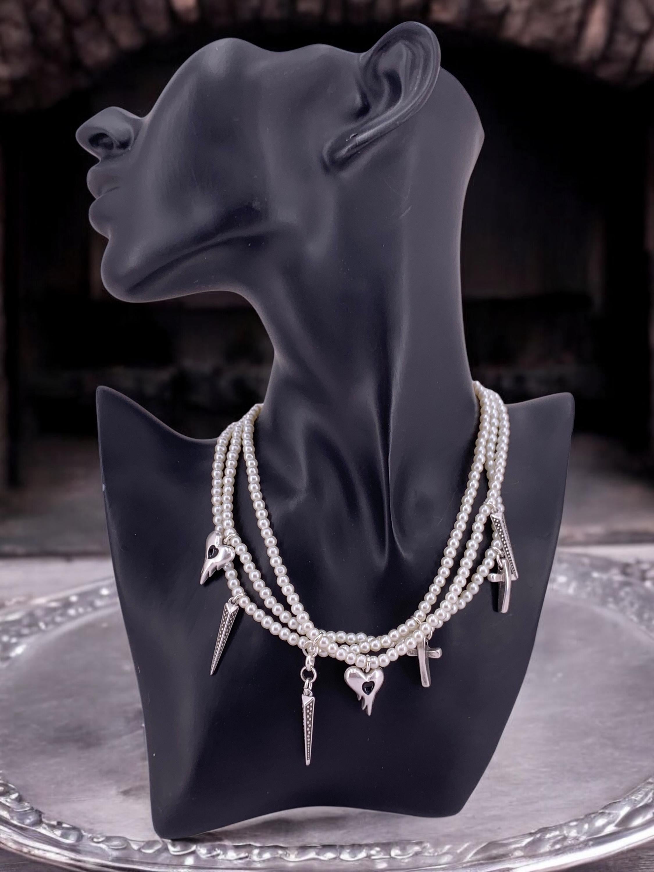 Multi layer pearls choker, pearls and silver layering necklace, charms pearls choker, original designed pearls choker, heart cross choker