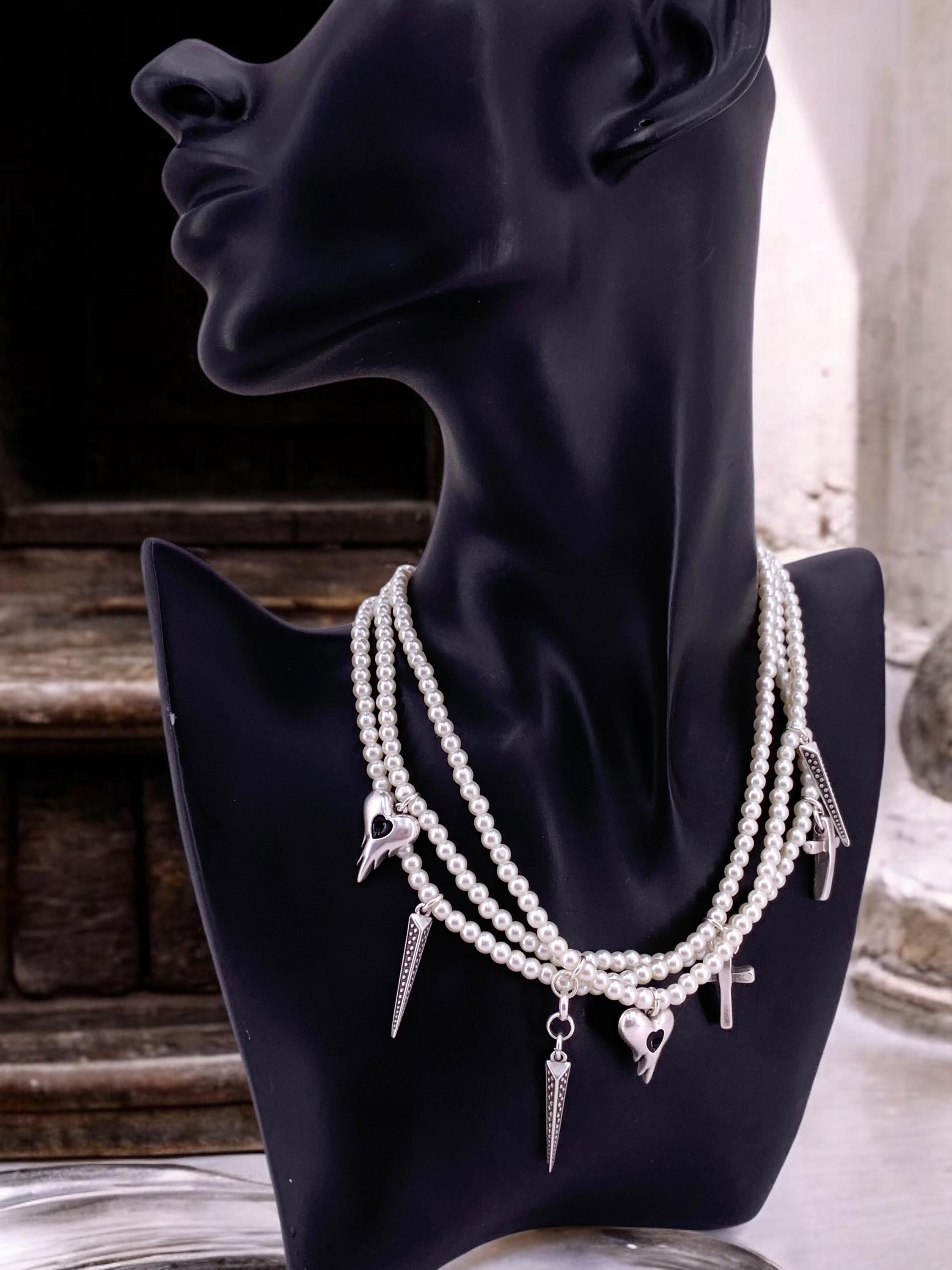 Multi layer pearls choker, pearls and silver layering necklace, charms pearls choker, original designed pearls choker, heart cross choker