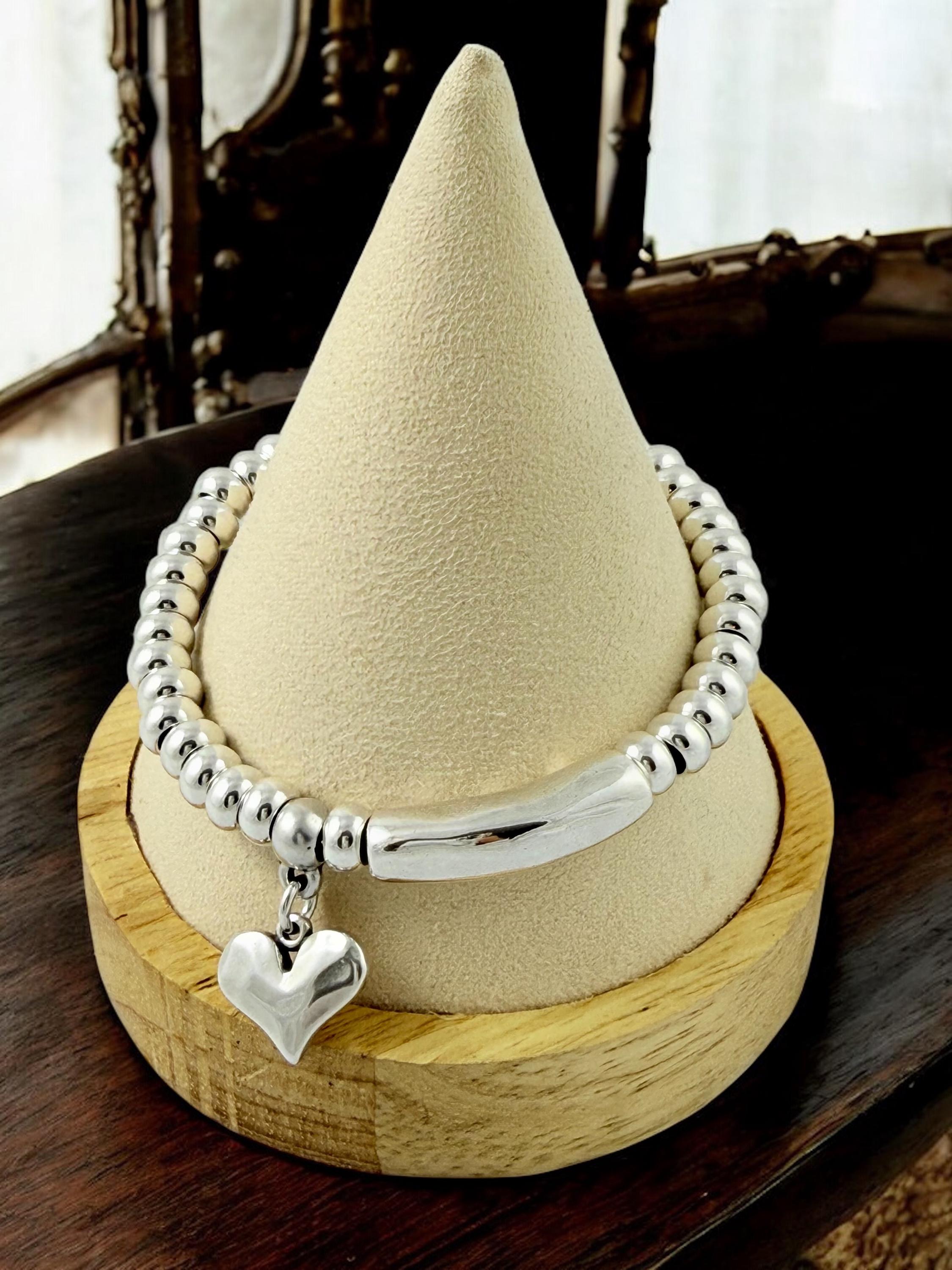 Chunky silver beaded bracelet with central tube charm and heart pendant, Heart pendant silver chunky bracelet, special gift for women