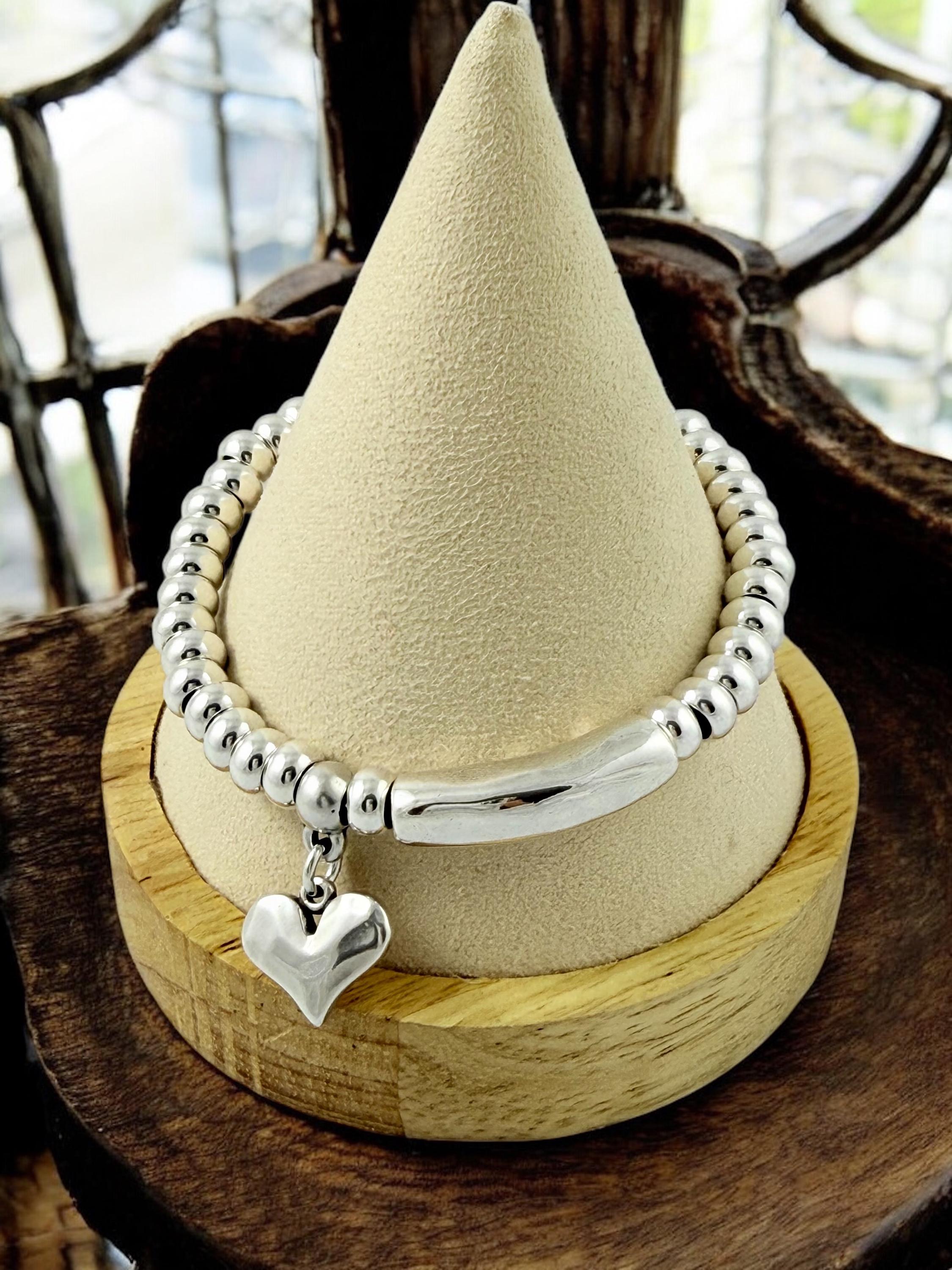 Chunky silver beaded bracelet with central tube charm and heart pendant, Heart pendant silver chunky bracelet, special gift for women