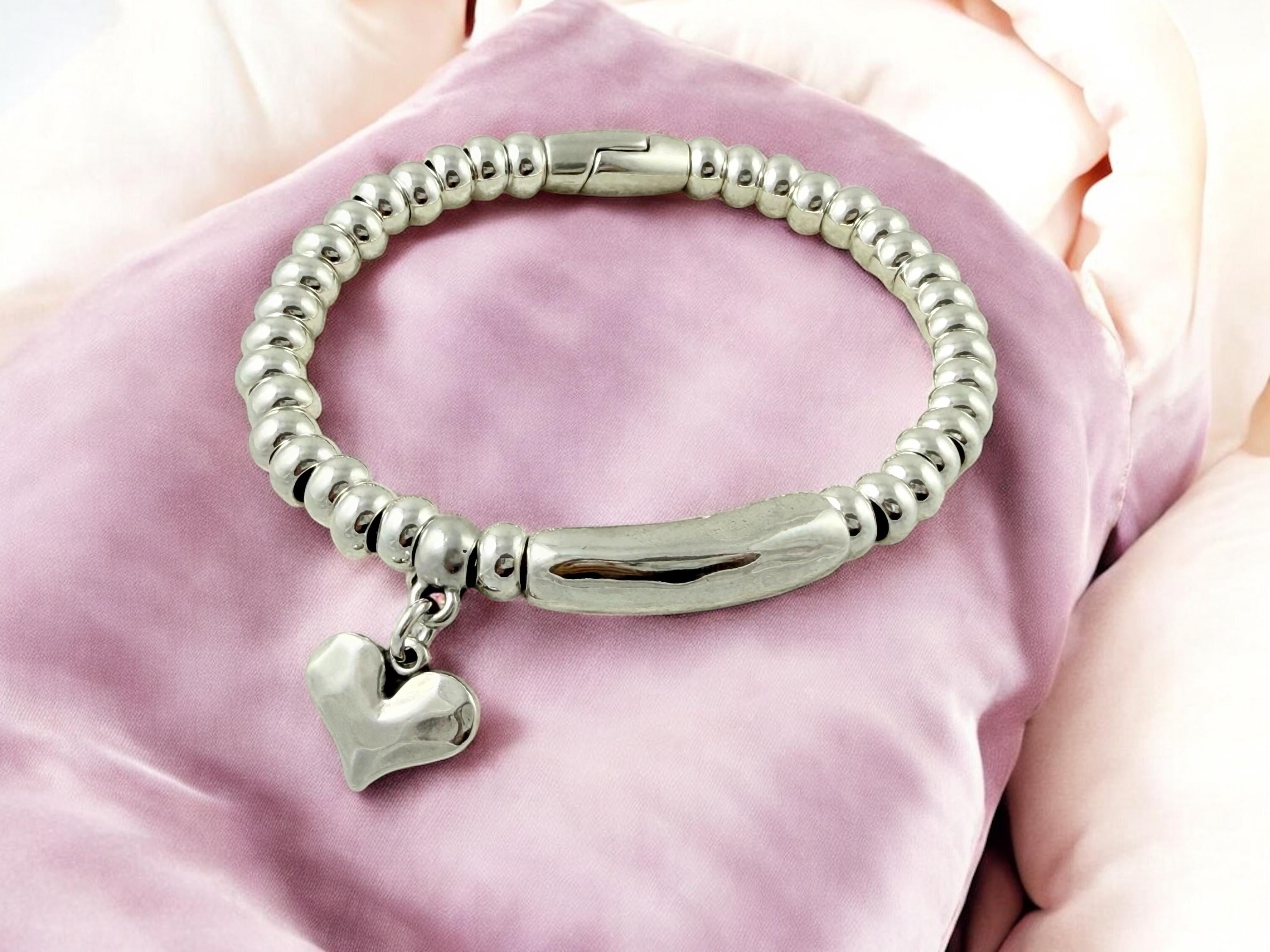 Chunky silver beaded bracelet with central tube charm and heart pendant, Heart pendant silver chunky bracelet, special gift for women