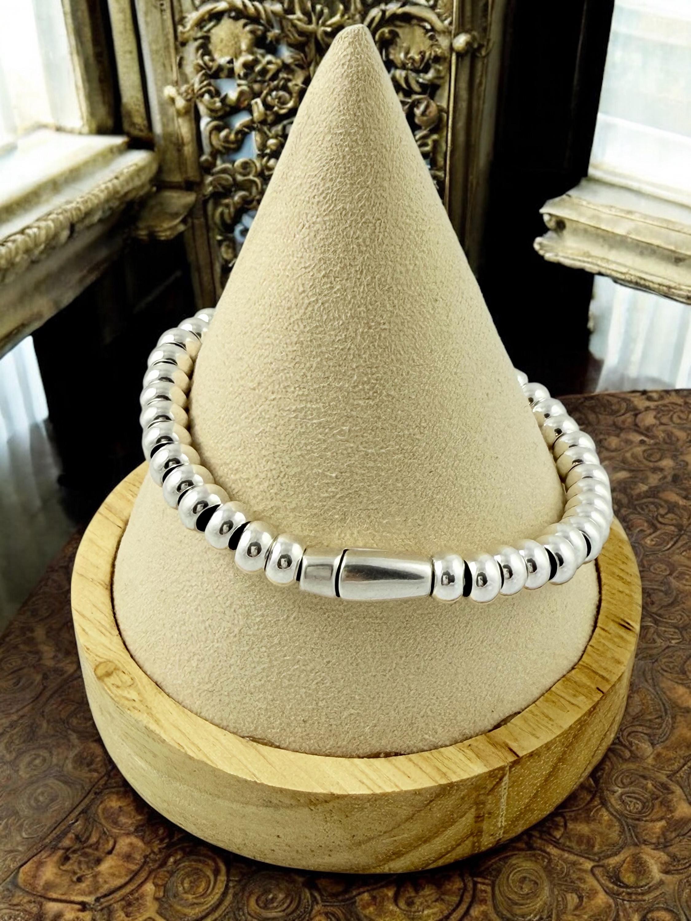 Chunky silver beaded bracelet with central tube charm and heart pendant, Heart pendant silver chunky bracelet, special gift for women