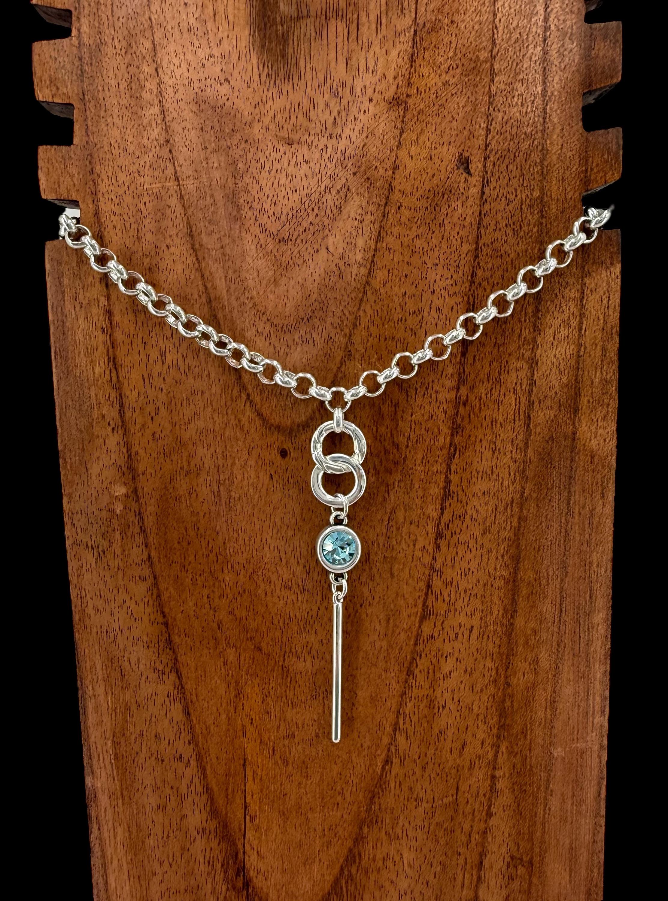 Lariat silver chain necklace with Swarovski crystal pendant, Y necklace, chunky silver rolo chain necklace, uno de 50 style, present for her