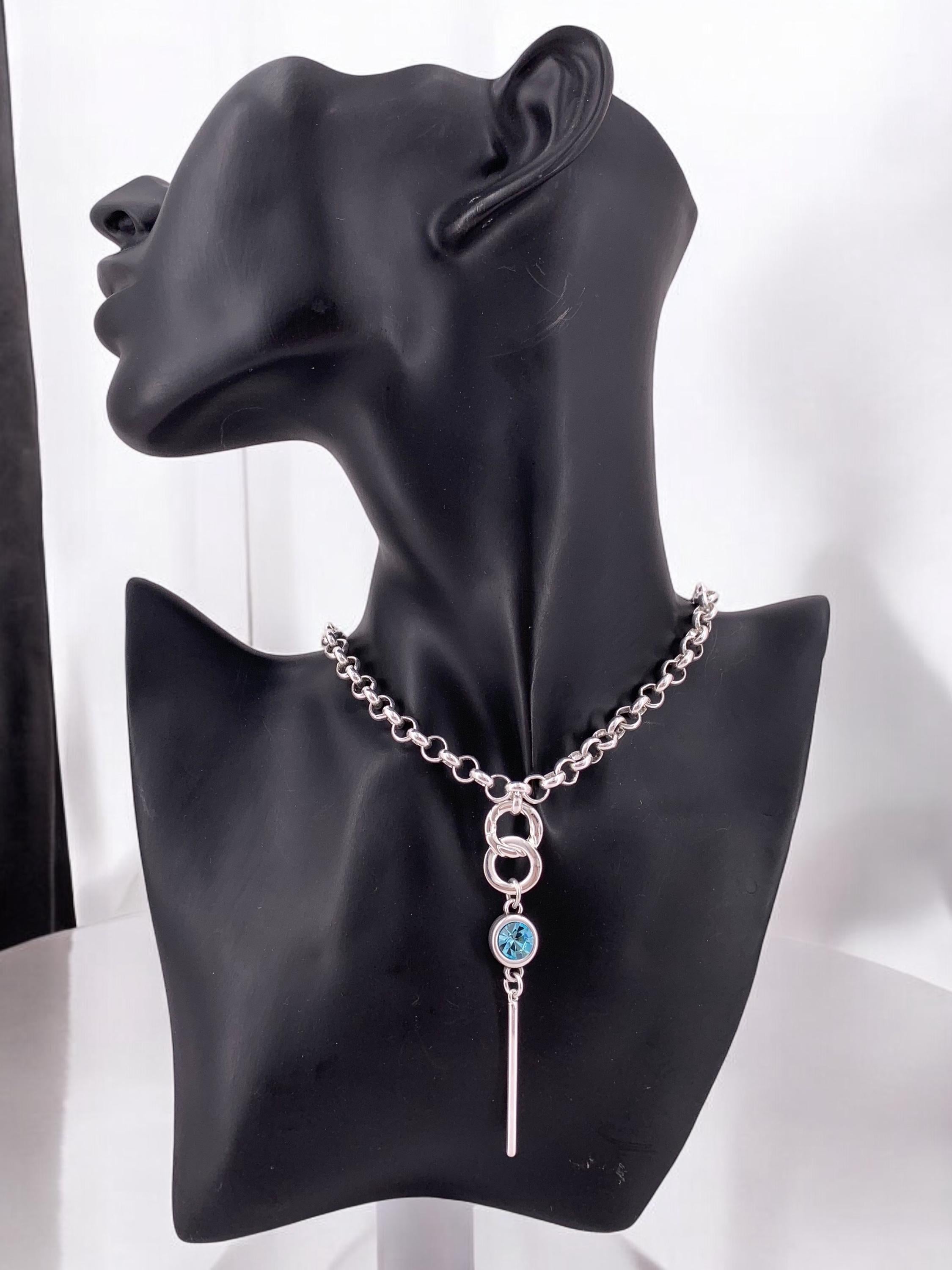 Lariat silver chain necklace with Swarovski crystal pendant, Y necklace, chunky silver rolo chain necklace, uno de 50 style, present for her