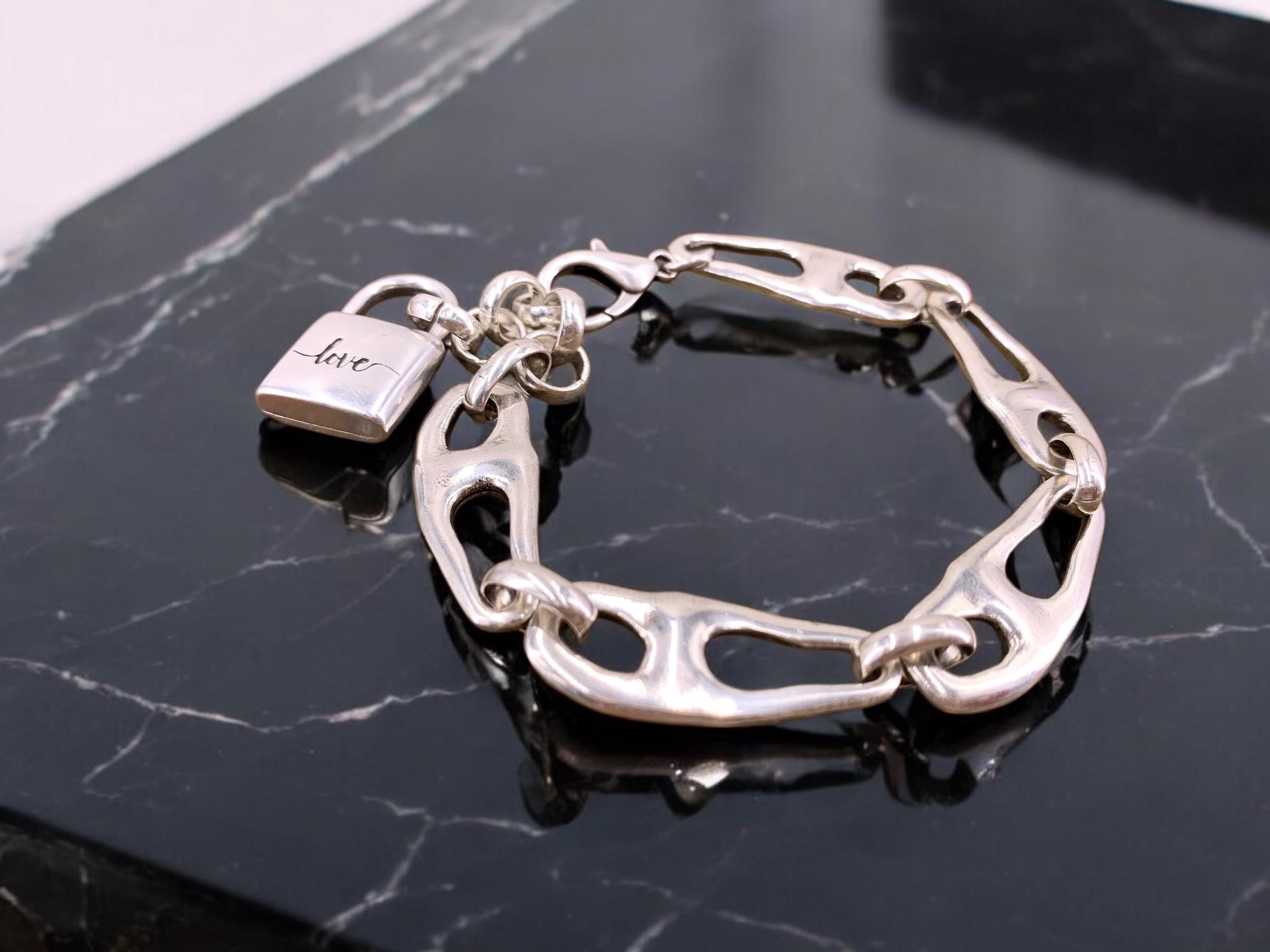 Chunky silver organic link bracelet with "love" padlock charm, Adjsutable bold statement cuff