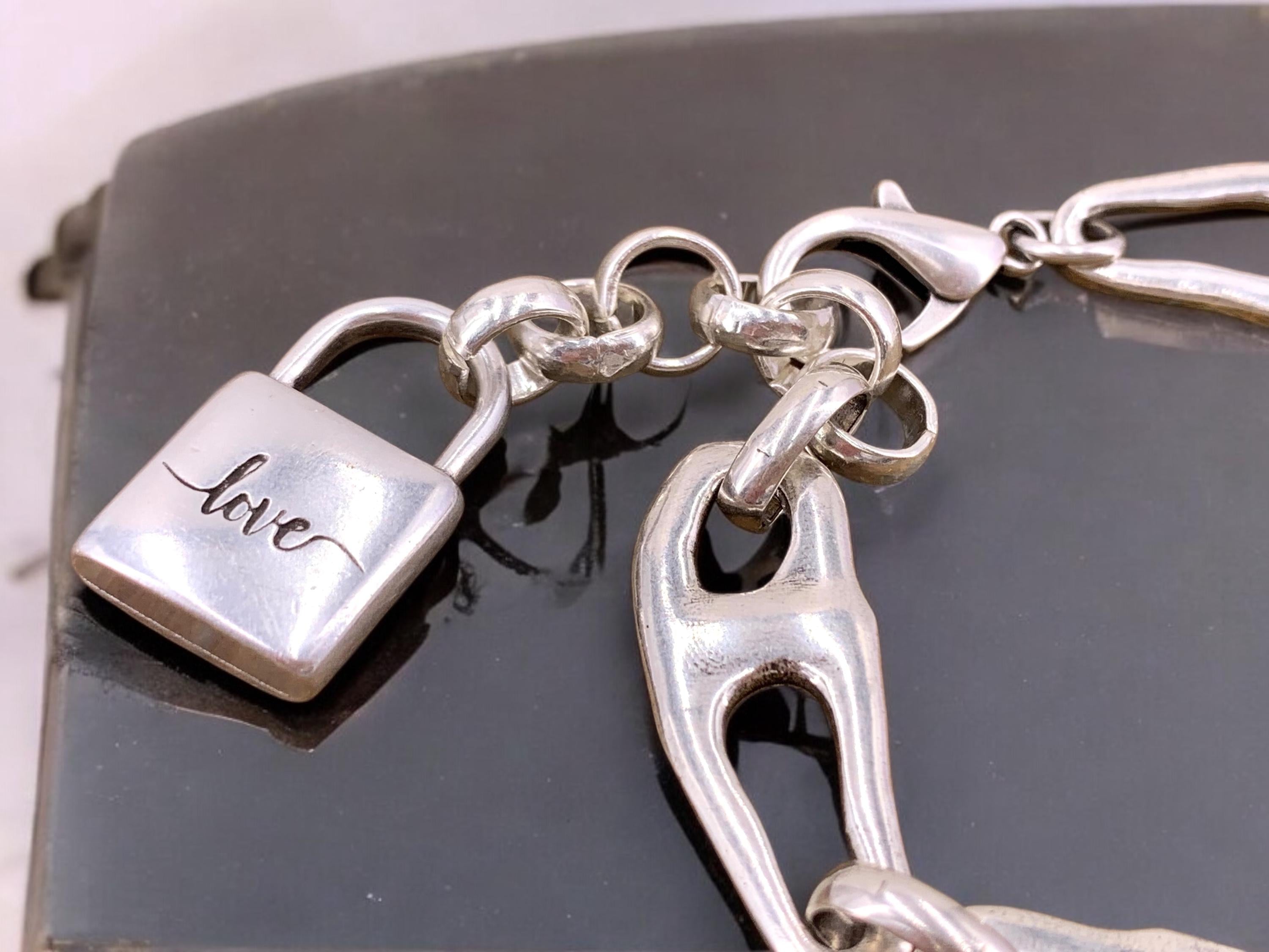 Chunky silver organic link bracelet with "love" padlock charm, Adjsutable bold statement cuff