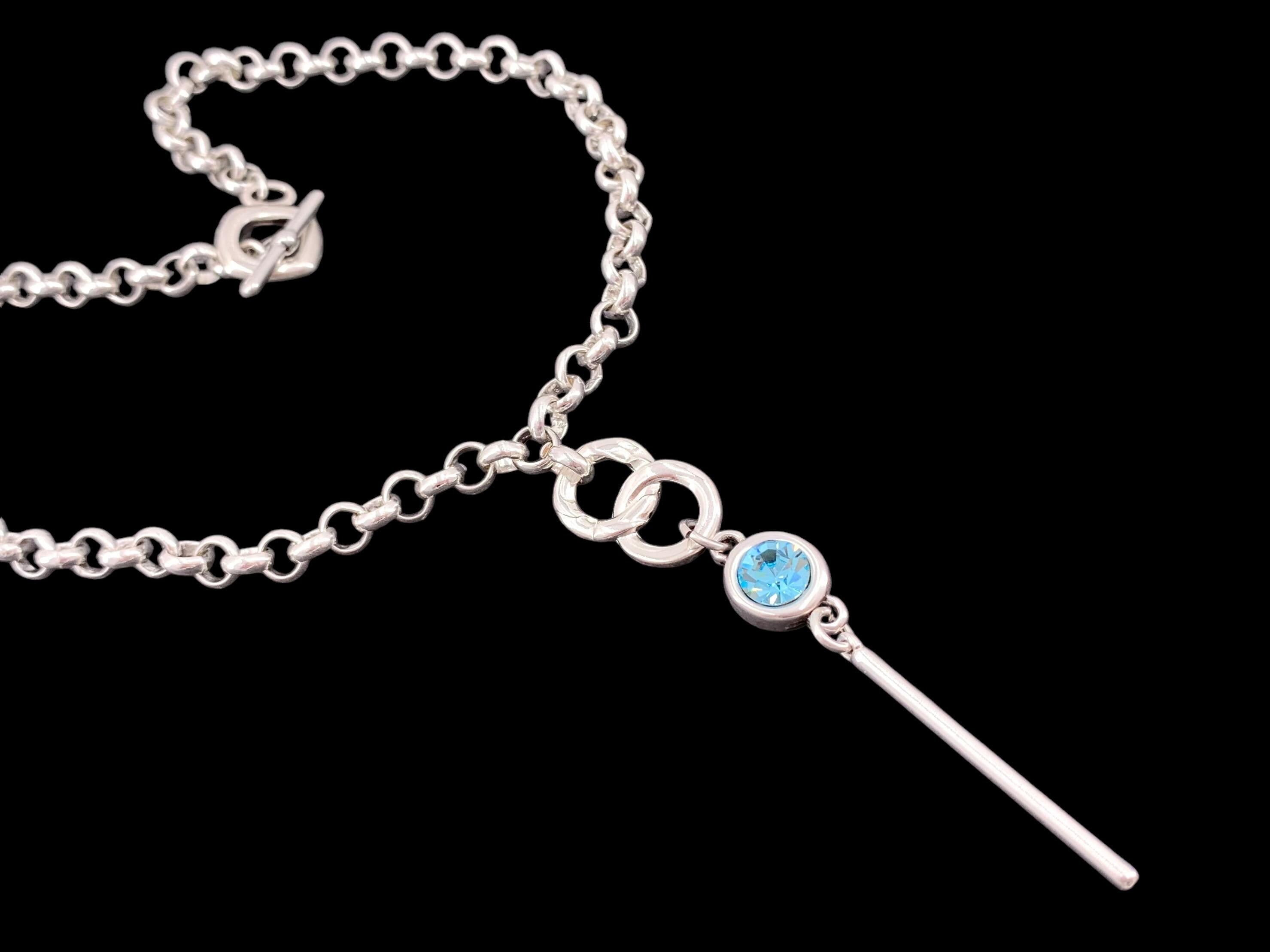 Lariat silver chain necklace with Swarovski crystal pendant, Y necklace, chunky silver rolo chain necklace, uno de 50 style, present for her