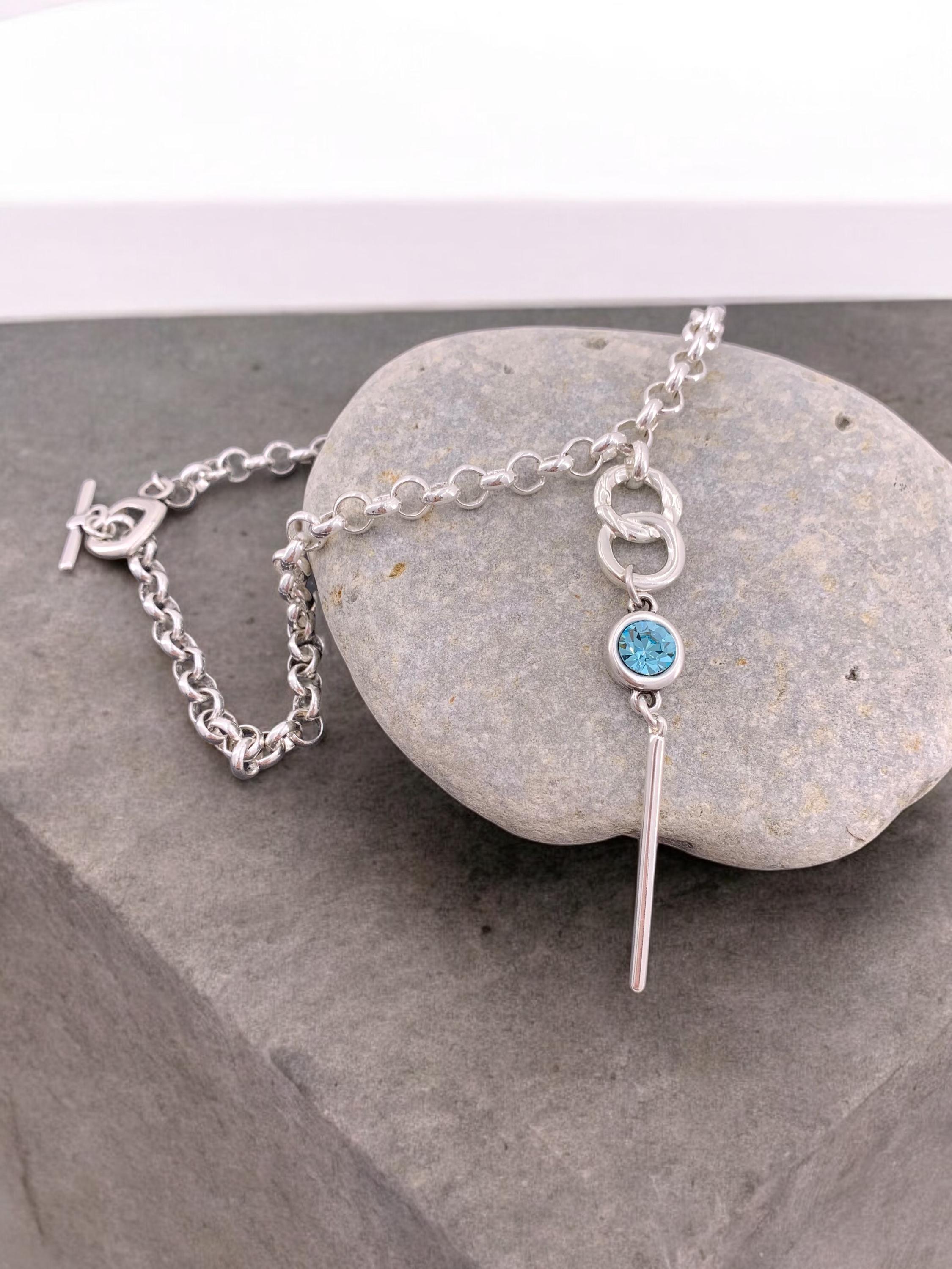 Lariat silver chain necklace with Swarovski crystal pendant, Y necklace, chunky silver rolo chain necklace, uno de 50 style, present for her