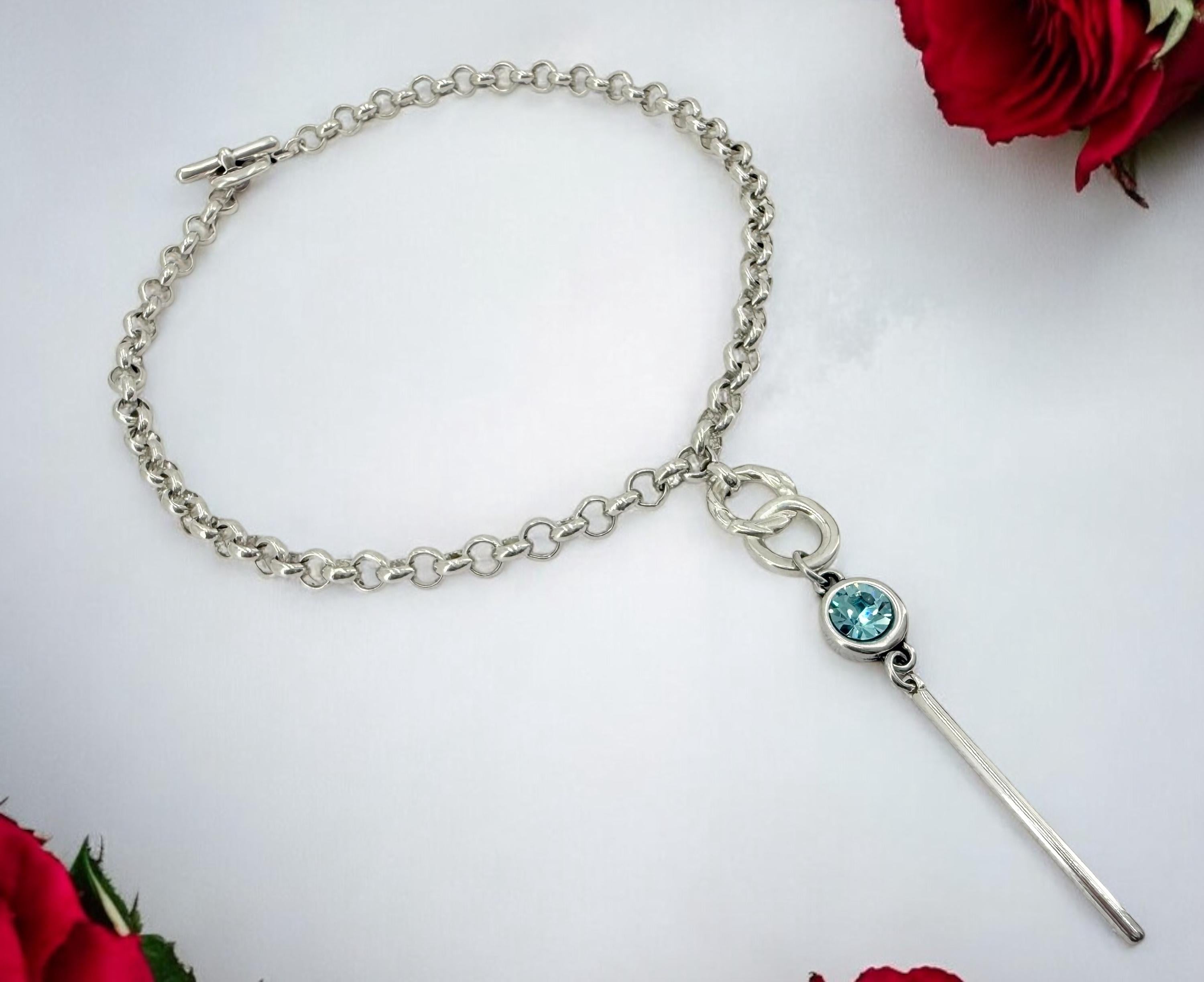 Lariat silver chain necklace with Swarovski crystal pendant, Y necklace, chunky silver rolo chain necklace, uno de 50 style, present for her